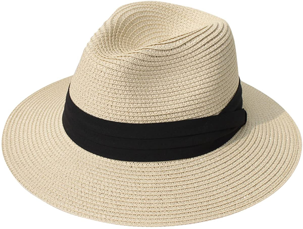 Lanzom Women Wide Brim Straw Panama Roll up Hat Belt Buckle Fedora Beach Sun Hat UPF50+ Apparel & Accessories > Clothing Accessories > Hats Lanzom 01-fold Belt Khaki One Size