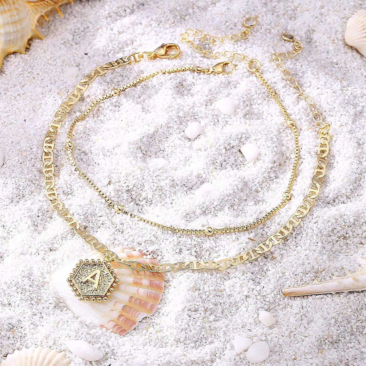 Turandoss Ankle Bracelets for Women Initial Anklet, 14K Gold Plated Handmade Layered Box Chain Flat Mariner Hexagon Anklet Letter Initial Ankle Bracelet for Women Gold Summer Beach Foot Jewelry Gifts Apparel & Accessories > Jewelry > Anklets Turandoss