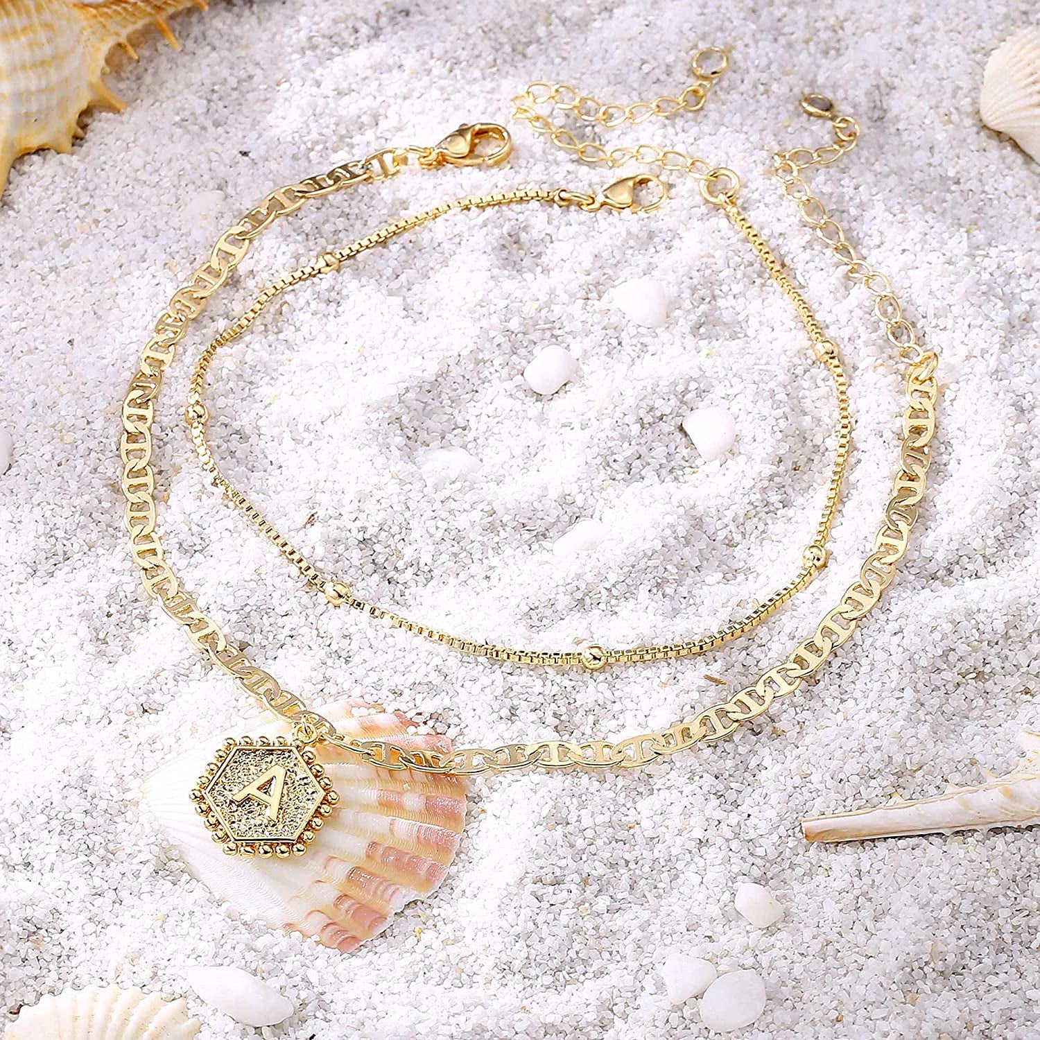 Turandoss Ankle Bracelets for Women Initial Anklet, 14K Gold Plated Handmade Layered Box Chain Flat Mariner Hexagon Anklet Letter Initial Ankle Bracelet for Women Gold Summer Beach Foot Jewelry Gifts Apparel & Accessories > Jewelry > Anklets Turandoss