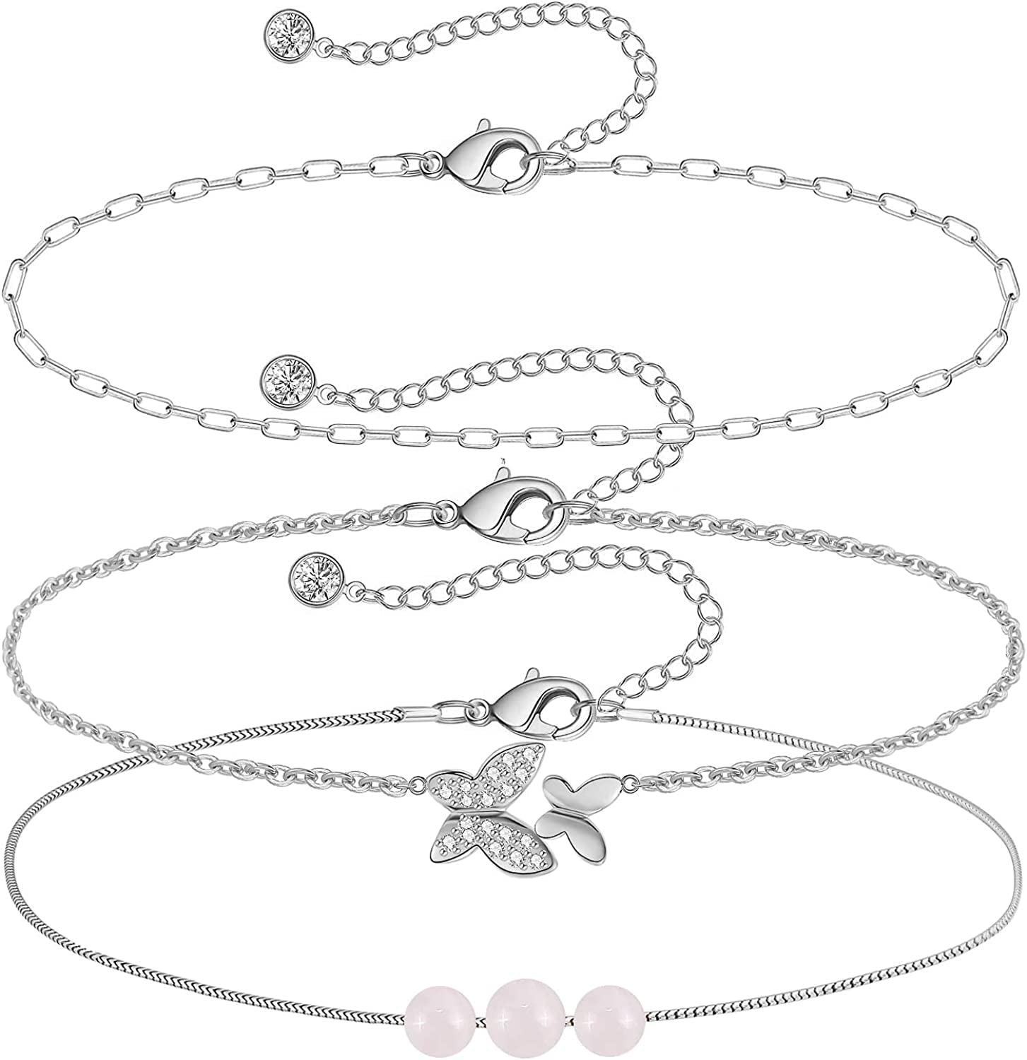 Gold Ankle Bracelets for Women 14K Gold Plated Anklet Silver Evil Eye Butterfly Star Rose Quartz Bead Box Paperclip Chain Dainty Layered Anklet Set 3Pcs Jewelry Gifts for Teen Girls Apparel & Accessories > Jewelry > Anklets Budding Gallery F-White Gold-Butterfly