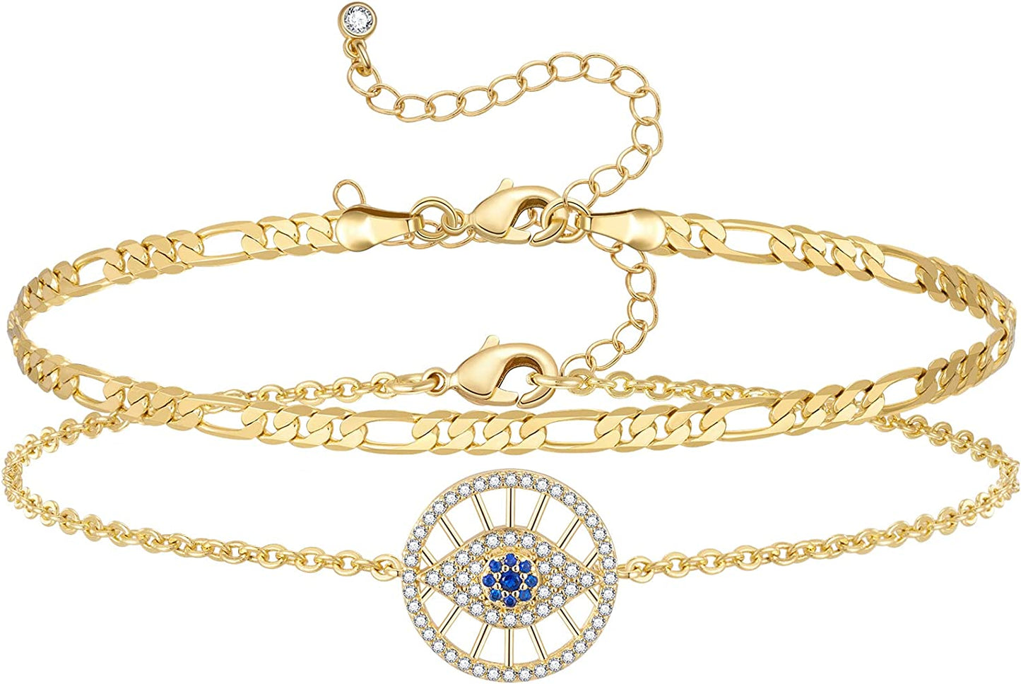Kissyan Gold Layered Ankle Bracelets for Women, Dainty 14K Gold Plated Layering Anklets Set Adjustable Fashion Cuban Link Snake Tennis Chain Ankles Summer Beach Foot Jewelry Gifts for Women Girls Apparel & Accessories > Jewelry > Anklets KissYan T-Round Evil Eye