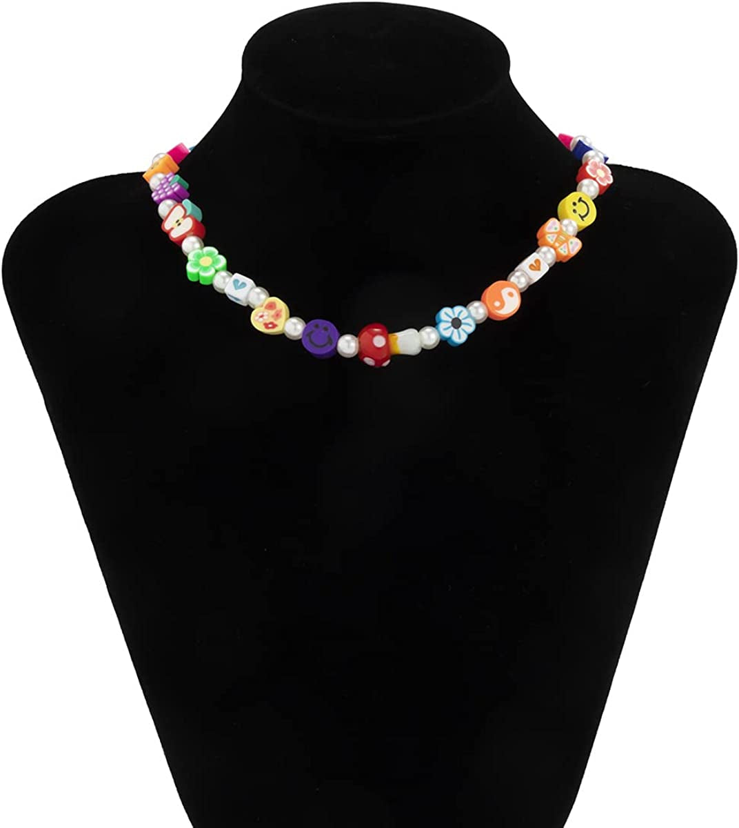 Boho Smiley Layered Beaded Necklaces with Strand Bracelet, Smile Face Star Fruits Flowers Heart Shape Beads Pearl Stackable Collar Necklace Anklet for Women Girls Vsco Summer Beach Trip Apparel & Accessories > Jewelry > Anklets Bincon