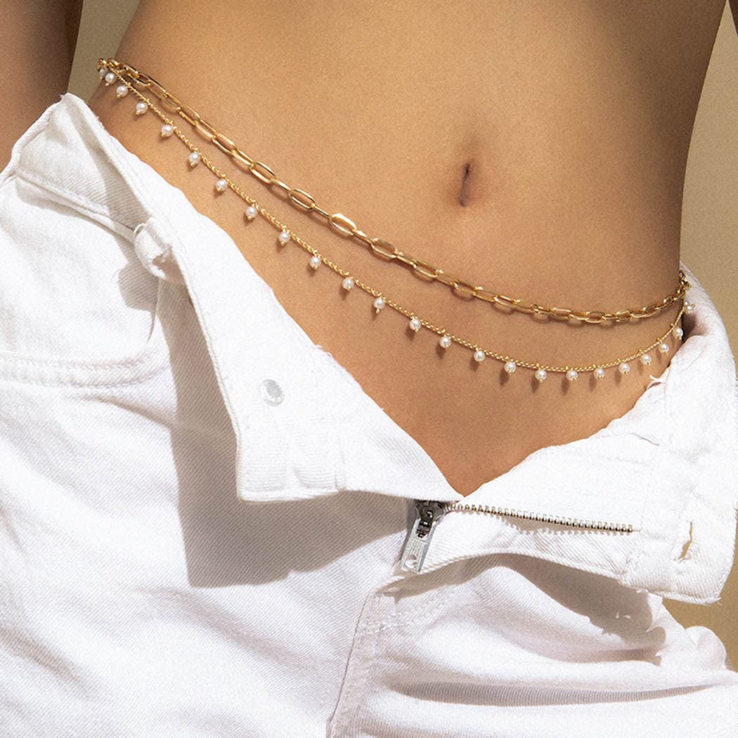 Reetan Pearl Layered Belly Body Chain Gold Body Chains Tassel Waist Chain Beach Bikini Body Jewelry Accessories for Women and Girls Apparel & Accessories > Jewelry > Body Jewelry REETAN