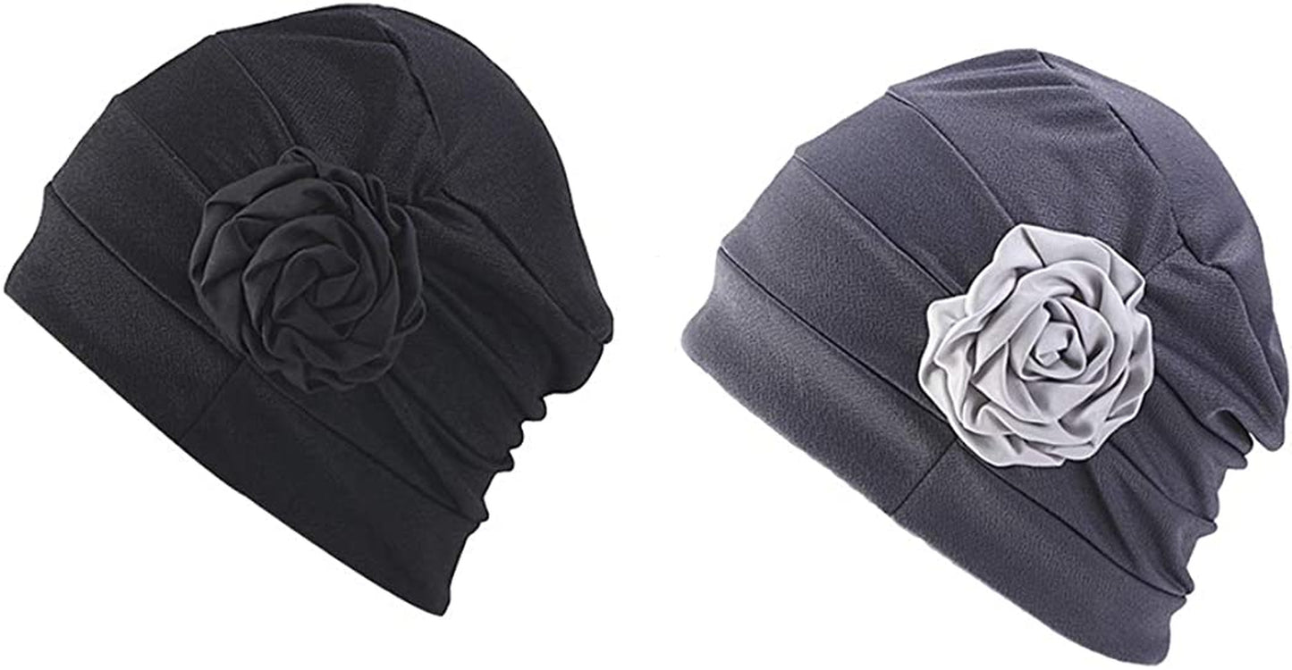 Chemo Headwear Turban Head Wrap Flower Beanie Scarf Cap Hair Loss Hat for Cancer Apparel & Accessories > Clothing Accessories > Headwear LUFUTE 1f- Black+gray