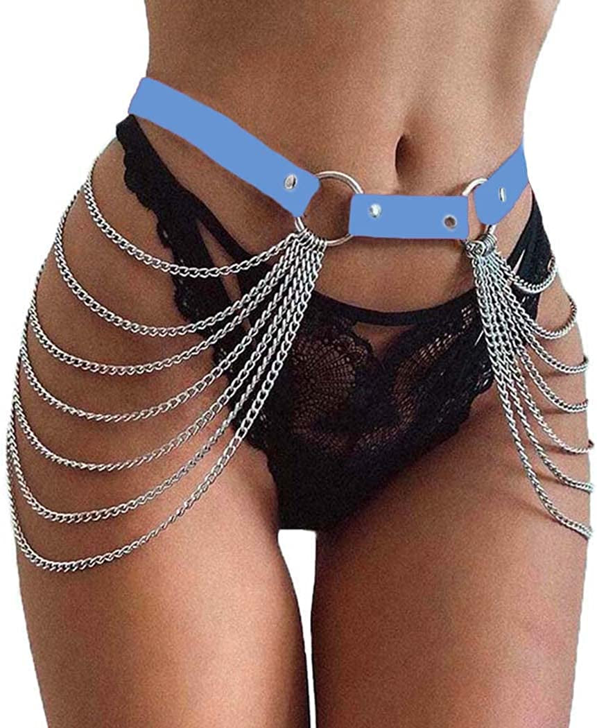 Victray Punk Black Waist Chain Belt Leather Layered Belly Body Chains Rave Body Jewelry Accessories for Women and Girls Apparel & Accessories > Jewelry > Body Jewelry Victray Blue