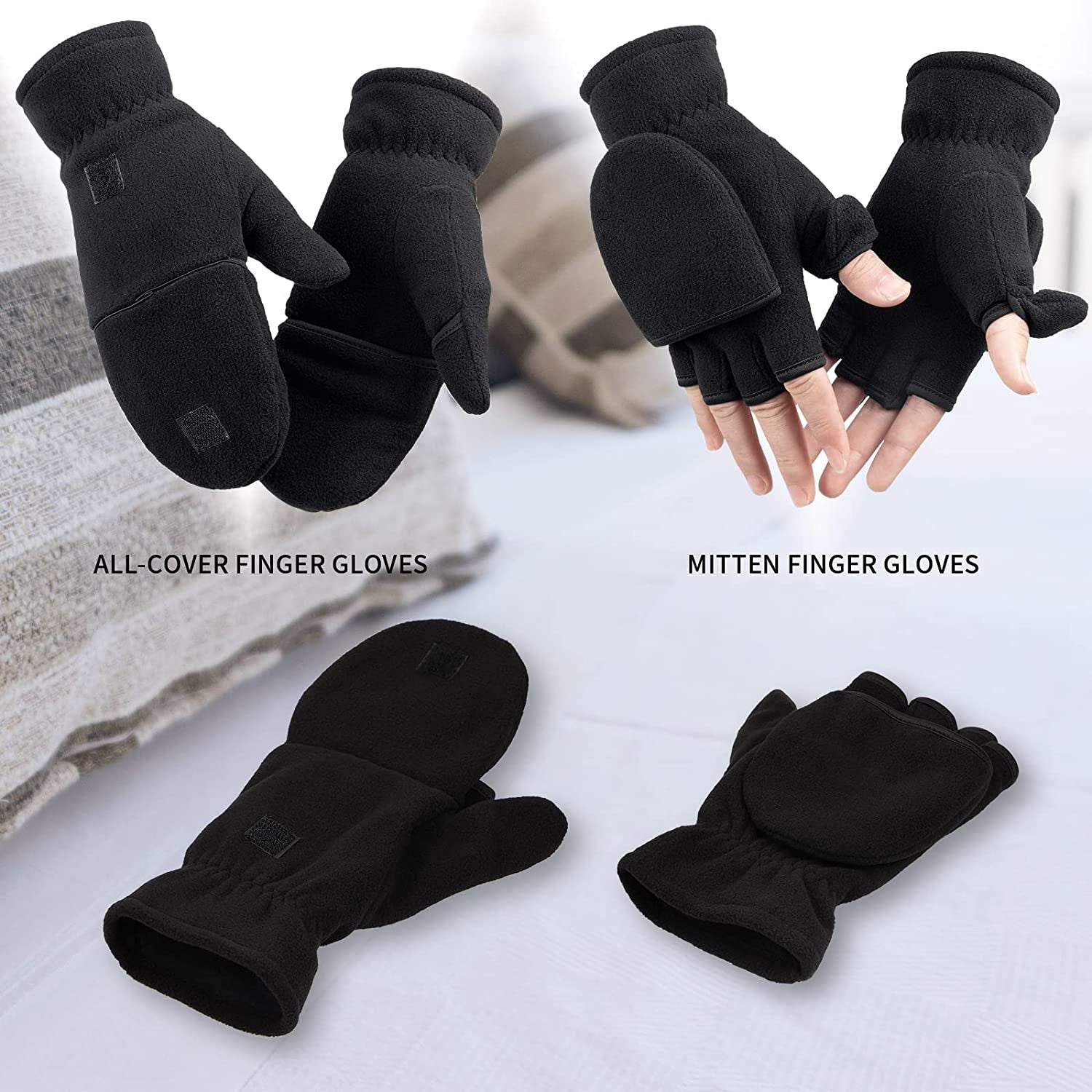Winter Convertible Gloves Flip Top Mittens Warm Polar Fleece for Winter Running Painting Texting Photographing for Men Women Apparel & Accessories > Clothing Accessories > Gloves & Mittens Bessteven