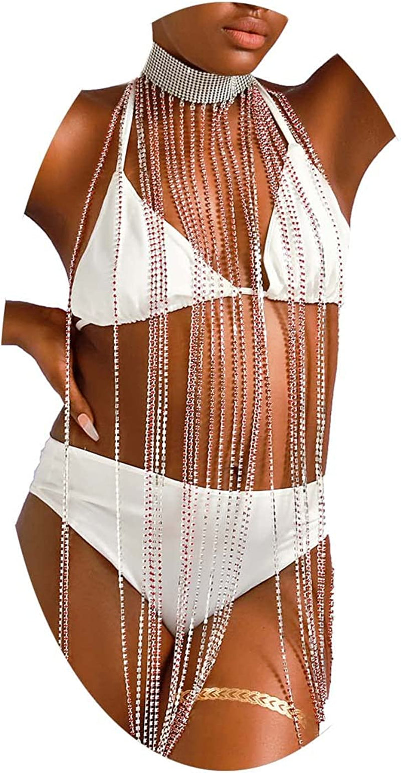 Fstrend Women Rhinestone Choker Long Tassel Necklaces Sparkly Crystal Collar Necklace Fashion Statement Party Festival Body Accessories Jewelry Chain Apparel & Accessories > Jewelry > Necklaces Fstrend Red