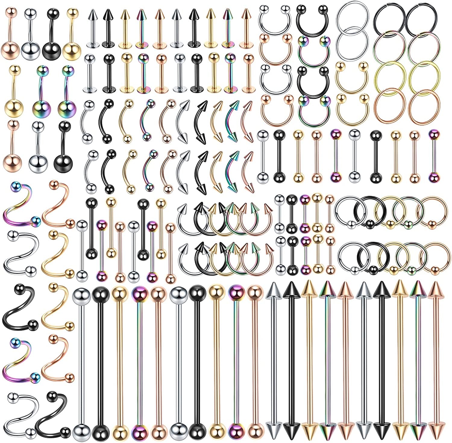 Oveta 55-150PCS Body Piercing Jewelry Lot 14G 16G 20G Stainless Steel Nose Lip Tongue Cartilage Tragus Eyebrow Industrial Barbell Belly Button Rings Piercing Kit Jewelry Apparel & Accessories > Jewelry > Body Jewelry Oveta 150pcs-Mixed Color