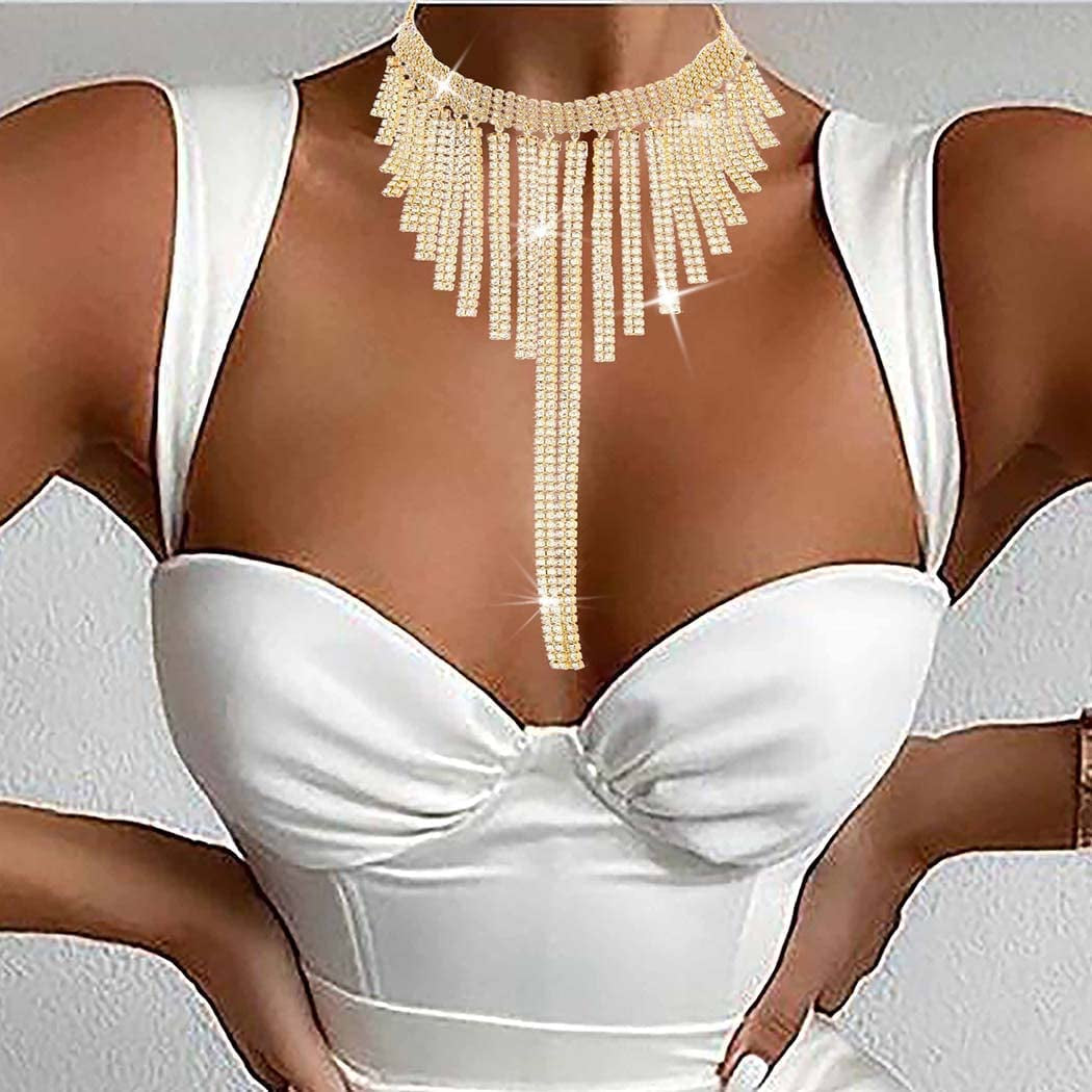 Shiny Rhinestone Layered Choker Sexy Gold Glitter Crystal Statement Necklace Metal Chains Evening Rave Nightclub Adjustable Body Accessories Jewelry for Women Apparel & Accessories > Jewelry > Body Jewelry China