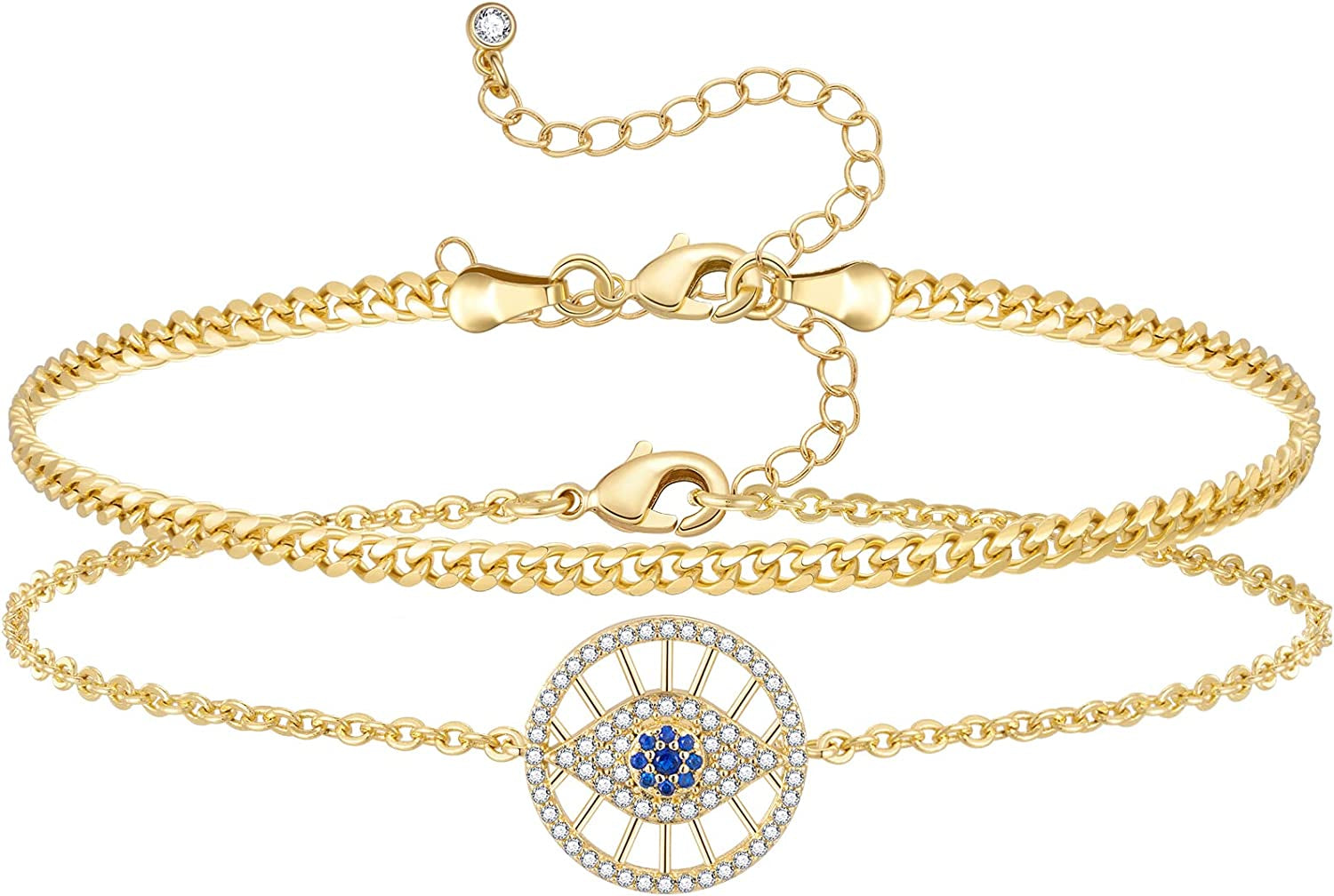Kissyan Gold Layered Ankle Bracelets for Women, Dainty 14K Gold Plated Layering Anklets Set Adjustable Fashion Cuban Link Snake Tennis Chain Ankles Summer Beach Foot Jewelry Gifts for Women Girls Apparel & Accessories > Jewelry > Anklets KissYan S-Round Evil Eye