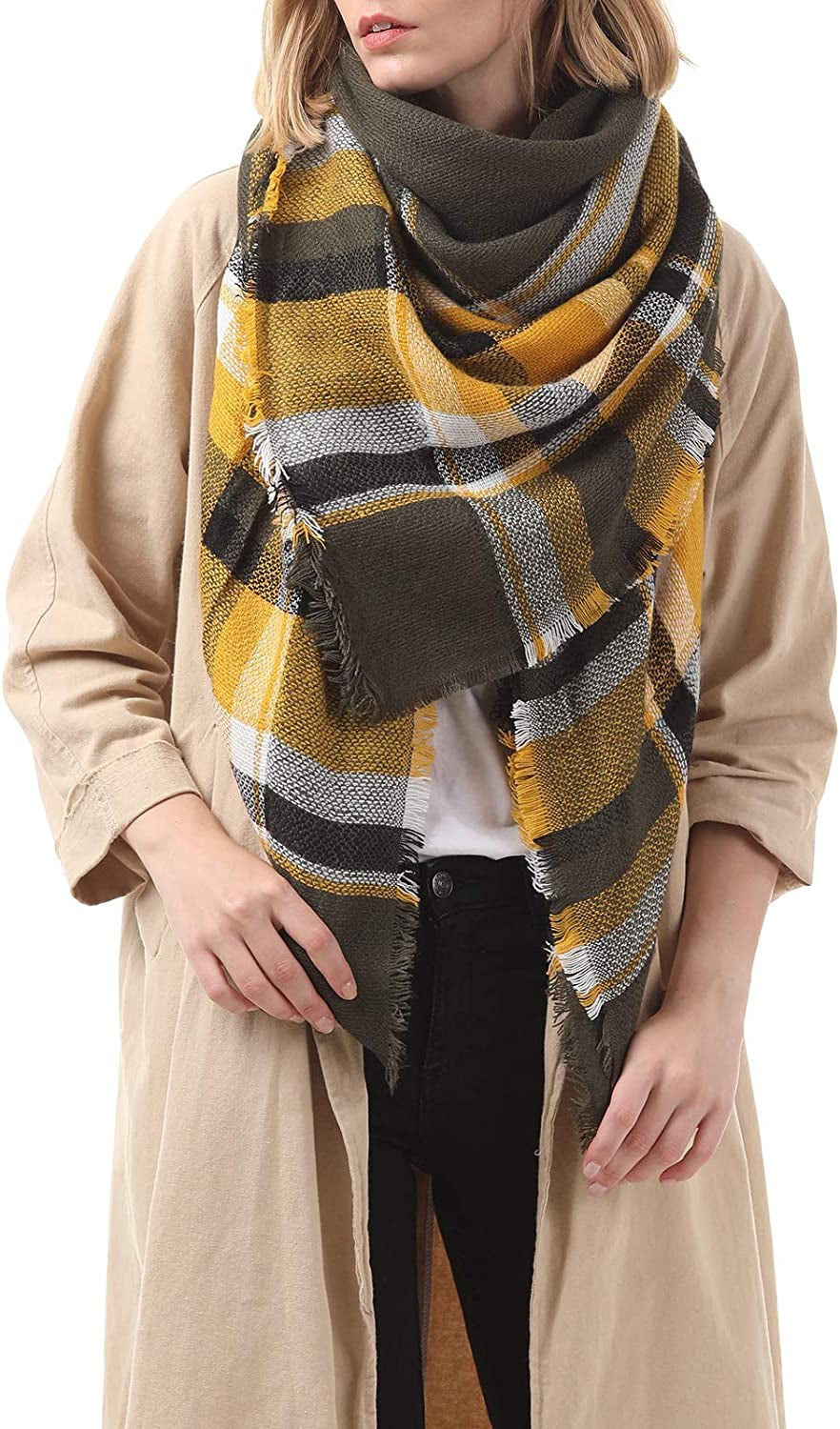 Century Star Women'S Fall Winter Scarf Classic Tassel Plaid Scarf Warm Tartan Wrap Shawl Apparel & Accessories > Clothing Accessories > Scarves & Shawls Century Star Yellow Green One Size
