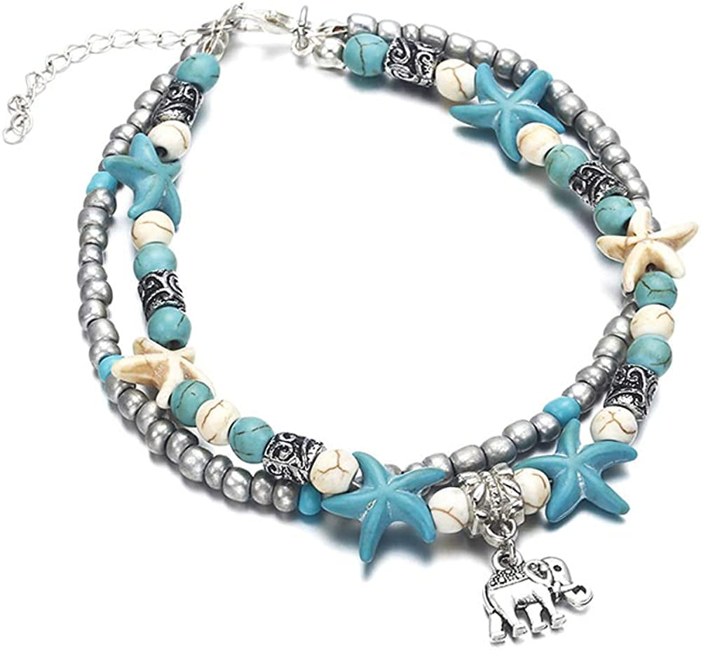 Softones Blue Starfish Turtle Anklet Multilayer Charm Beads Sea Handmade Boho Anklet Foot Jewelry for Women Girl Apparel & Accessories > Jewelry > Anklets Softones J:Elephant