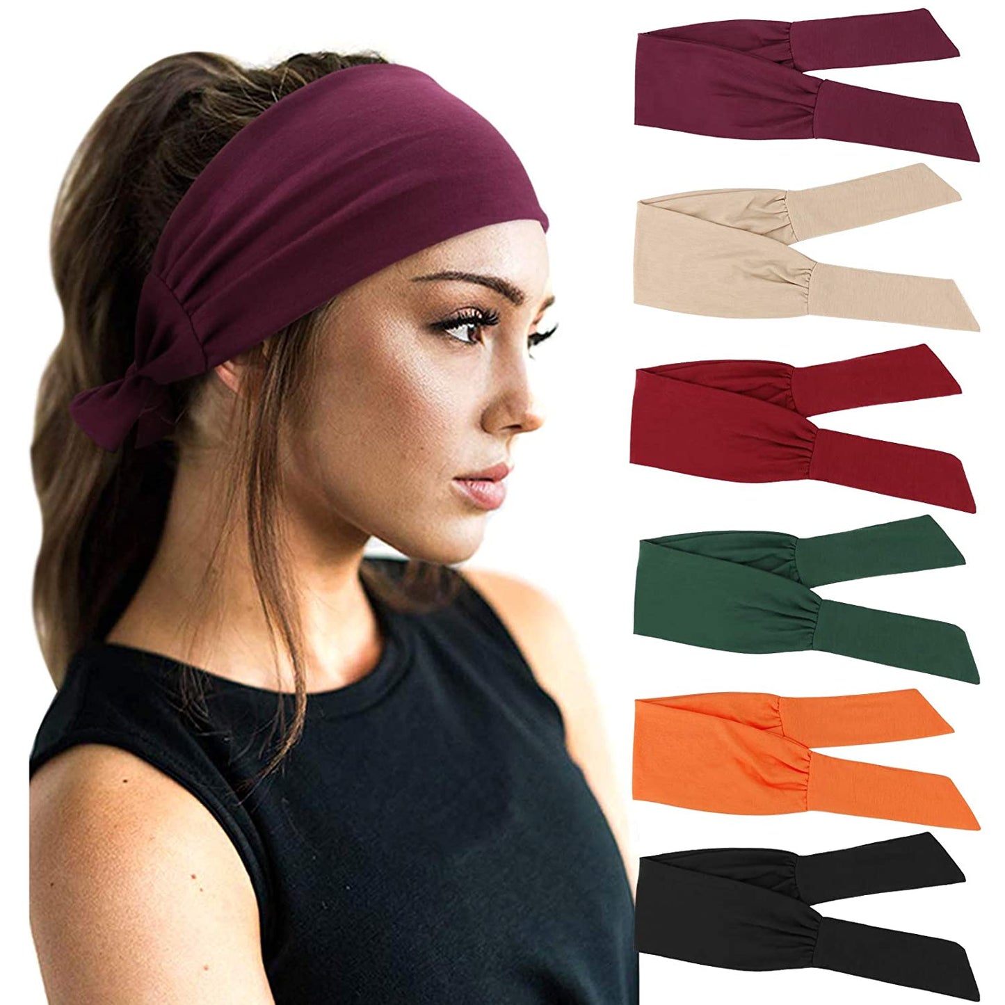 DRESHOW 6 PCS Adjustable Headbands for Women Knotted Headbands Cotton Elastic Non-Slip Fashion Hair Bands for Workout Sports Running Yoga Apparel & Accessories > Clothing Accessories > Bandanas & Headties DRESHOW 6 Pack: Dark Red/Chestnut Red/Khaki/Black/Dark Green/Orange
