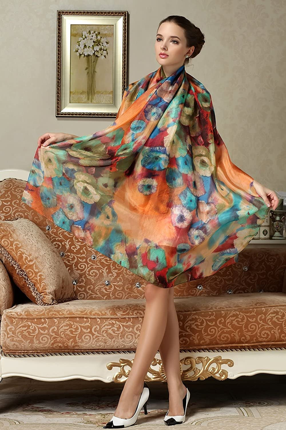 Women Fashion Silk Scarf Oblong Floral Oversize Soft Shawl Beach Wrap Apparel & Accessories > Clothing Accessories > Scarves & Shawls Just4Beauty