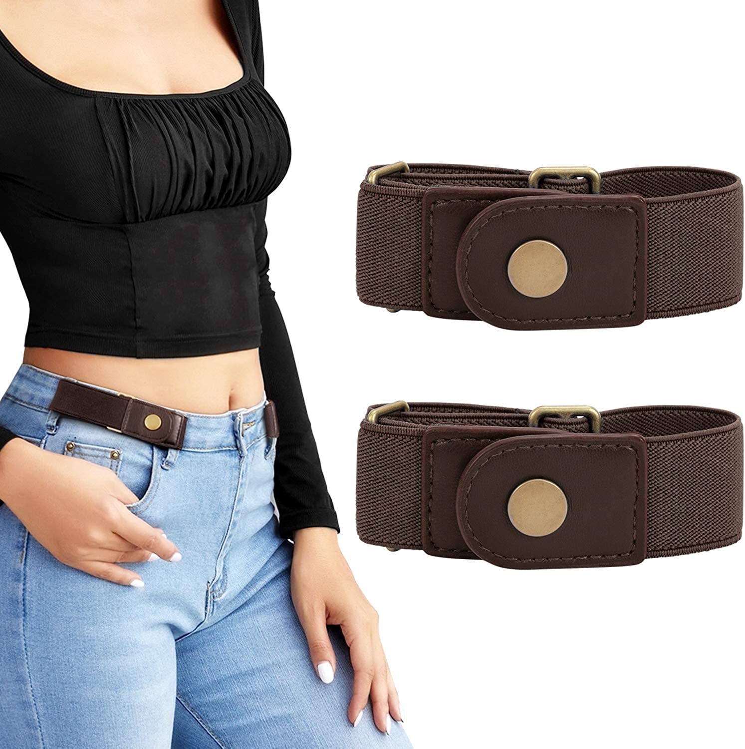 No Buckle Stretch Belt for Women/Men—2 Pack Elastic Invisible Belt for Jeans Apparel & Accessories > Clothing Accessories > Belts LEACOOLKEY C-coffe+coffe Fits 2 loop size 4"-6"