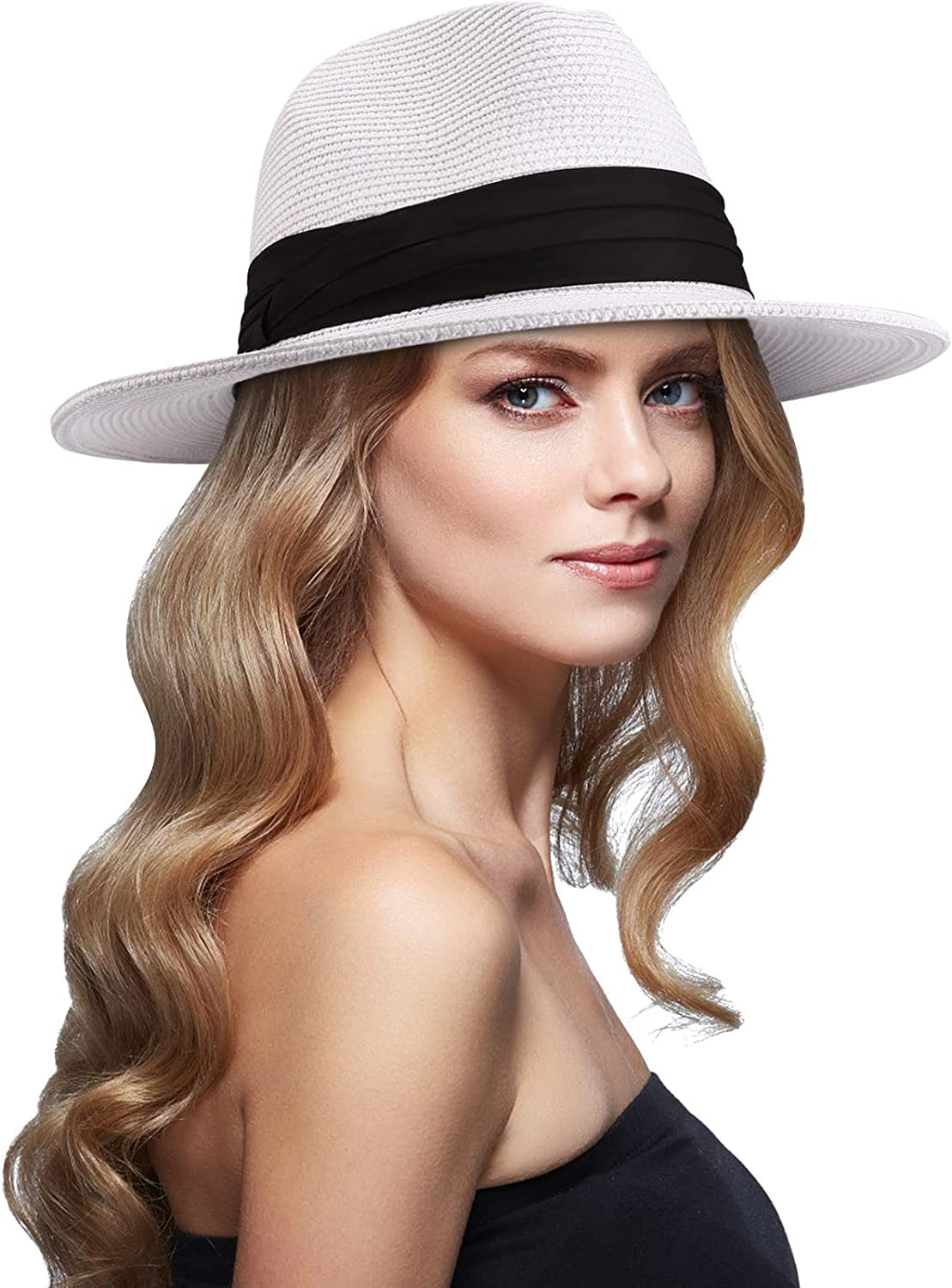 DRESHOW Women Straw Panama Hat Fedora Beach Sun Hat Wide Brim Straw Roll up Hat UPF 50+ Apparel & Accessories > Clothing Accessories > Hats DRESHOW Panama White