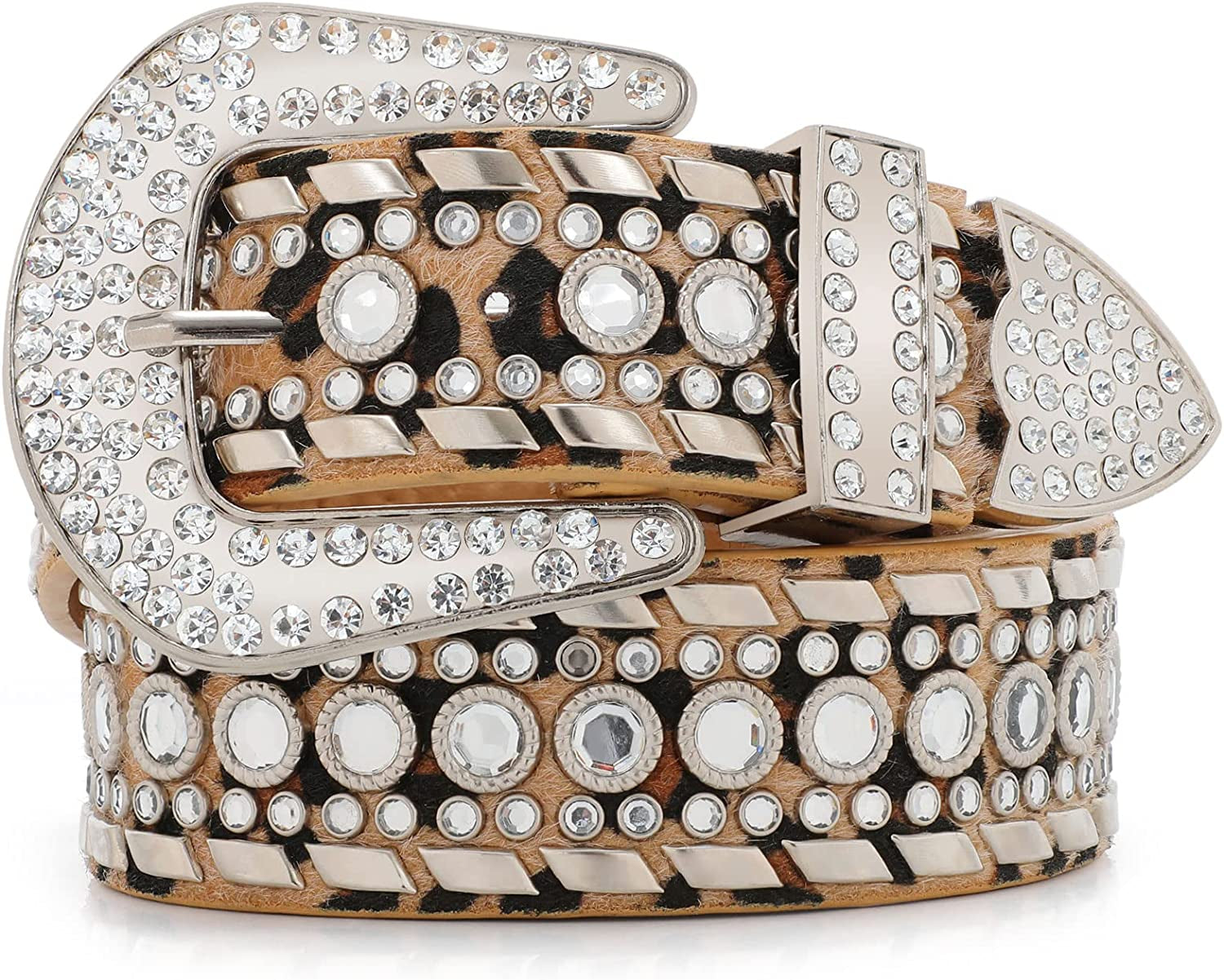 Rhinestone Belt for Men Women SUOSDEY Western Cowboy Cowgirl Bling Studded Leather Belt for Jeans Pants Apparel & Accessories > Clothing Accessories > Belts SUOSDEY 05-leopard M: fits pants size 33”-37”