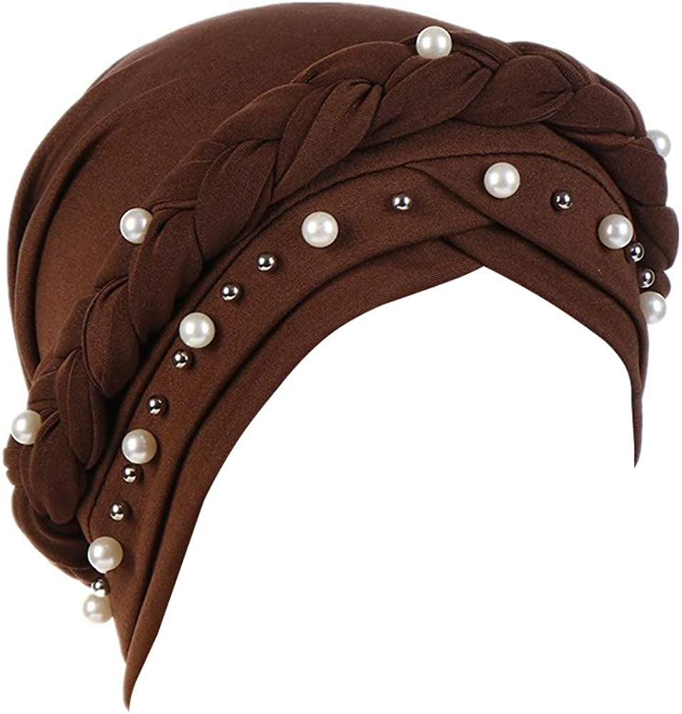 Fxhixiy Women Hijab Beading Pearl Braid Turban Hat Head Scarf Cancer Chemo Beanies Bandana Headwrap Cap Apparel & Accessories > Clothing Accessories > Headwear Fxhixiy Brown