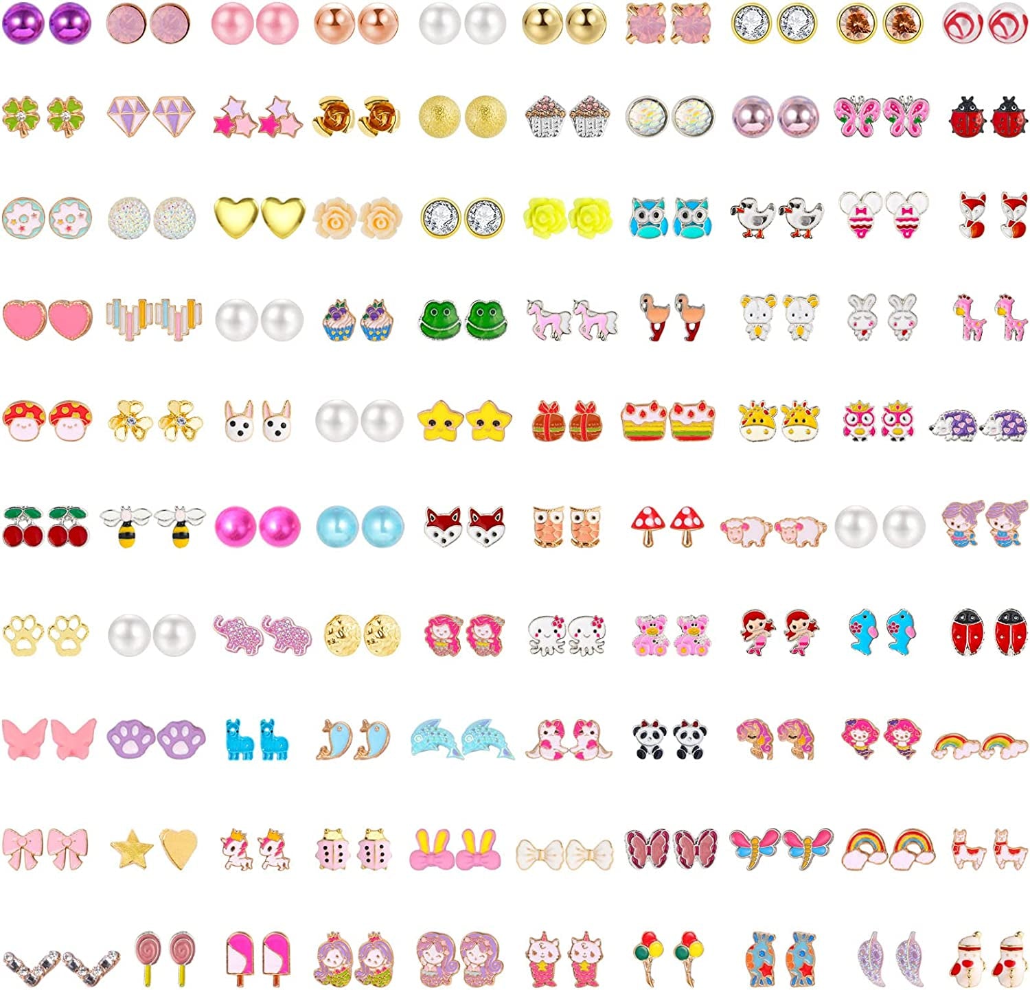 NEWITIN 100 Pairs Colorful Cute Stud Earrings for Girls Hypoallergenic Earrings Stainless Steel Earrings for Women Apparel & Accessories > Jewelry > Earrings NEWITIN Bright Girl