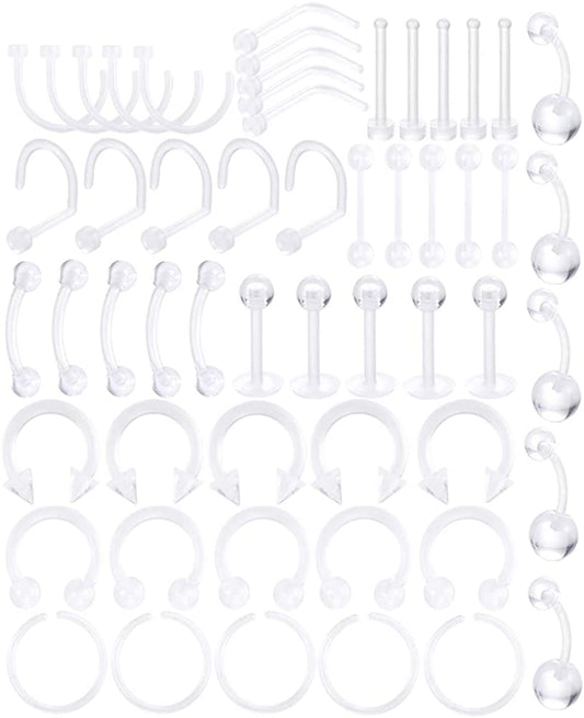 Oveta Clear Piercing Retainers Flexible Bioflex 14G 16G 20G Navel Belly Button Ring Lip Labret Piercings Retainer Eyebrow Tongue Barbells Cartilage Tragus Earrings Retainer 36-90PCS Apparel & Accessories > Jewelry > Body Jewelry Oveta 55pcs