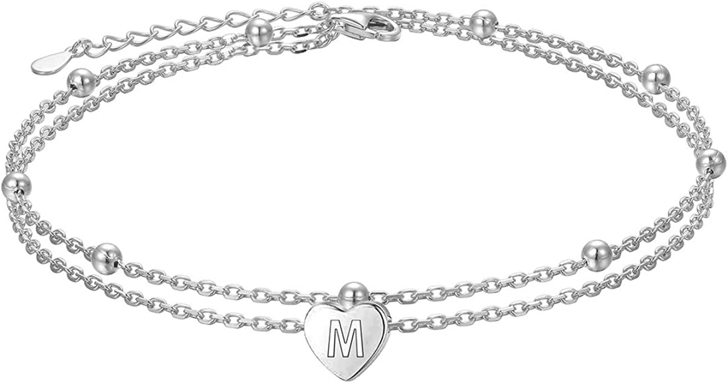 Heart Initial Ankle Bracelets for Women Real S925 Sterling Silver Adjustable Letter Initial Heart Charm Anklets Beach Jewelry Apparel & Accessories > Jewelry > Anklets FLYOW M