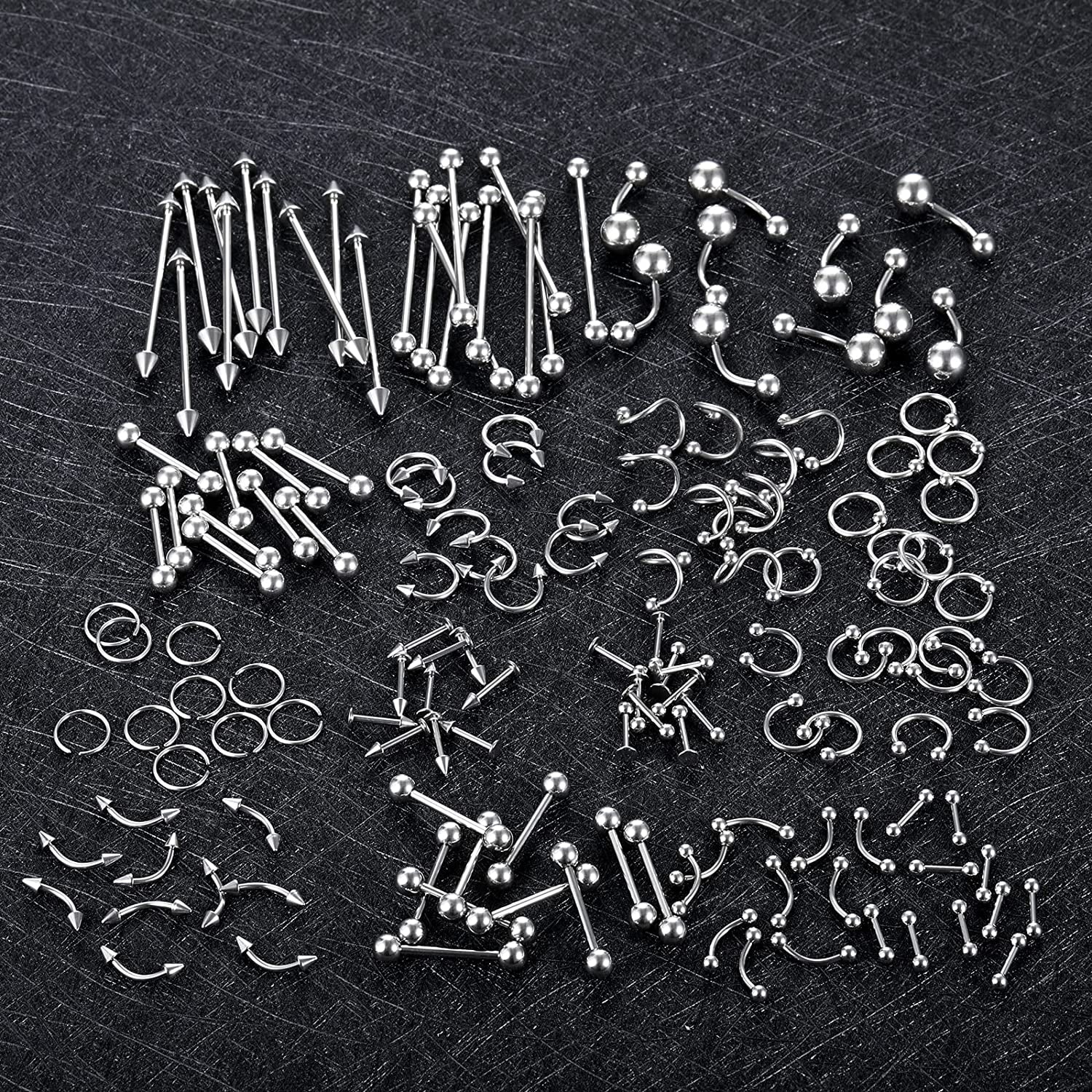 Oveta 55-150PCS Body Piercing Jewelry Lot 14G 16G 20G Stainless Steel Nose Lip Tongue Cartilage Tragus Eyebrow Industrial Barbell Belly Button Rings Piercing Kit Jewelry Apparel & Accessories > Jewelry > Body Jewelry Oveta