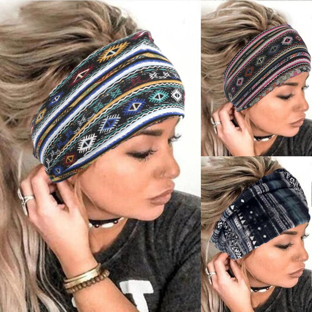 Morebrave Boho Headband Wide Turban Head Wraps Stretchy Head Bands Vintage Hairbands Butterfly Head Scarves Hair Accessories for Women and Girls Pack of 3 Apparel & Accessories > Clothing Accessories > Bandanas & Headties Morebrave Blue