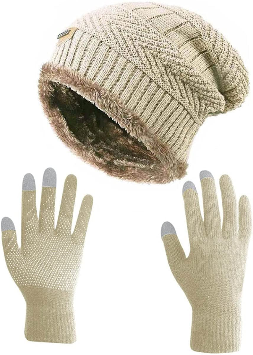 HINDAWI Winter Slouchy Beanie Gloves for Women Knit Hats Skull Caps Touch Screen Mittens Apparel & Accessories > Clothing Accessories > Gloves & Mittens HINDAWI _Hat+gloves (Beige)