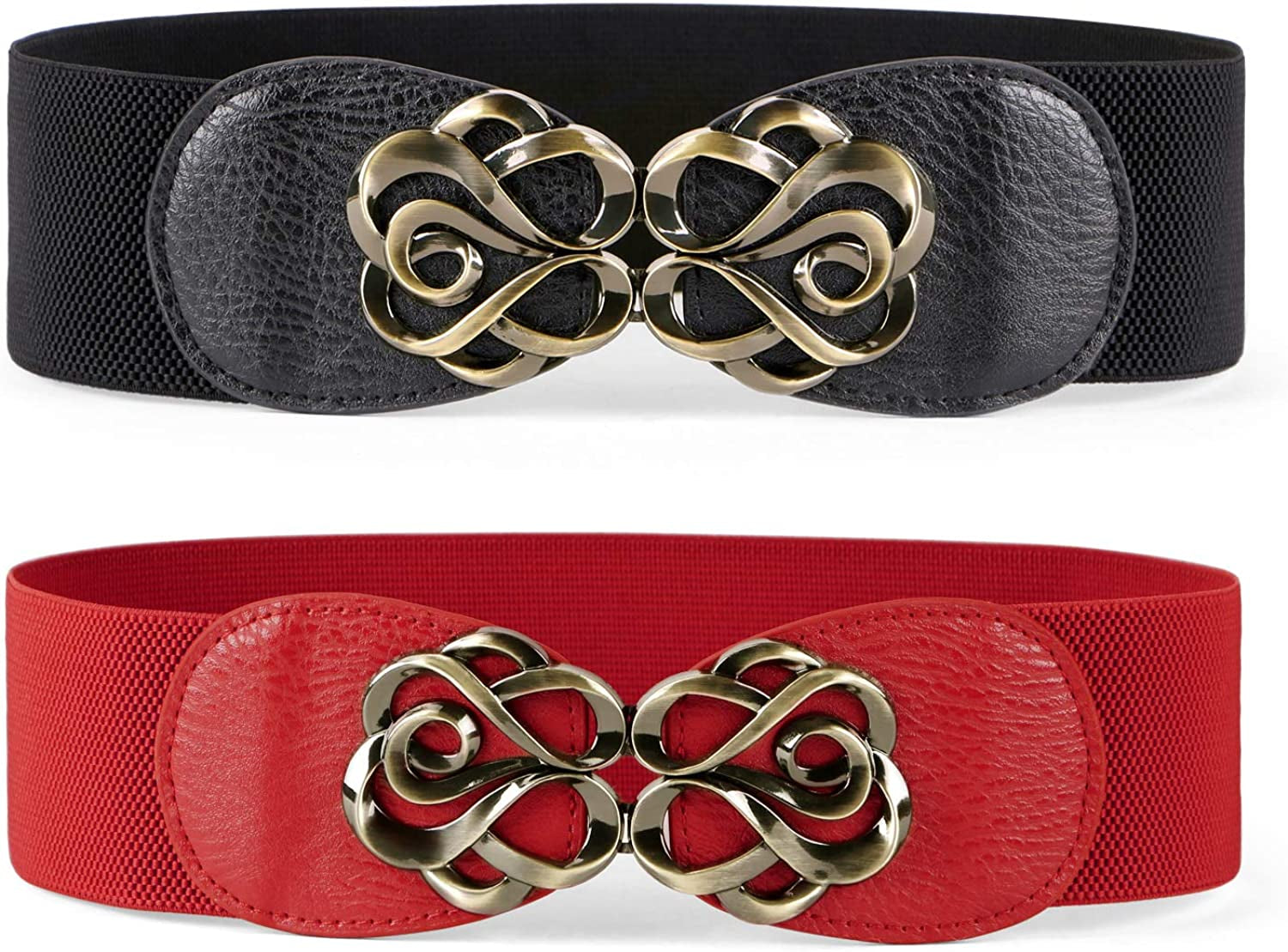 JASGOOD Women Stretchy Belt for Dresses Vintage Elastic Wide Waist Belt Apparel & Accessories > Clothing Accessories > Belts KYLIE MAX C-black+red Suit for waist size 37"-43"