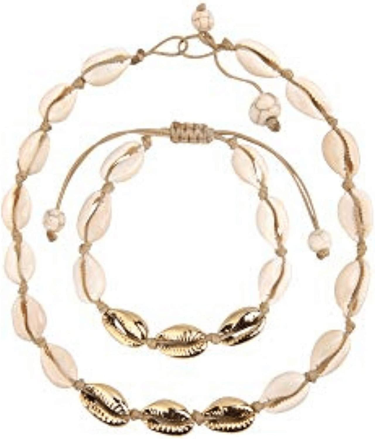 Believe London Natural Shell Necklace Bracelet Anklet Choker Seashell Women Men Statement Adjustable Beads Wakiki Beach Sea Shell Pendant Turtle Girls Cord Collar Set Hawaiian Jewelry Apparel & Accessories > Jewelry > Anklets Believe London Brown & Gold Necklace & Bracelet Set