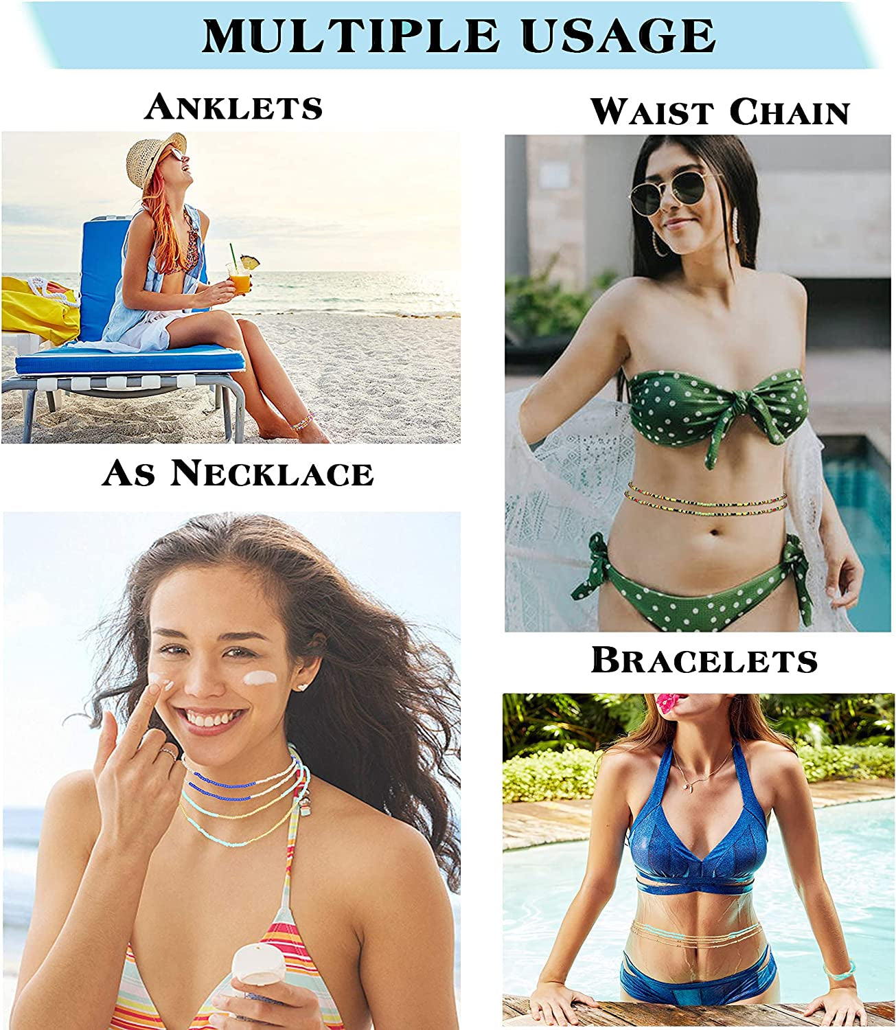 FIBO STEEL 32 Pcs Waist Bead Chain for Women Colorful Belly Beads for the Waist Summer Beach Bikini Belly Chains African Body Chains Jewelry Set Apparel & Accessories > Jewelry > Body Jewelry FIBO STEEL