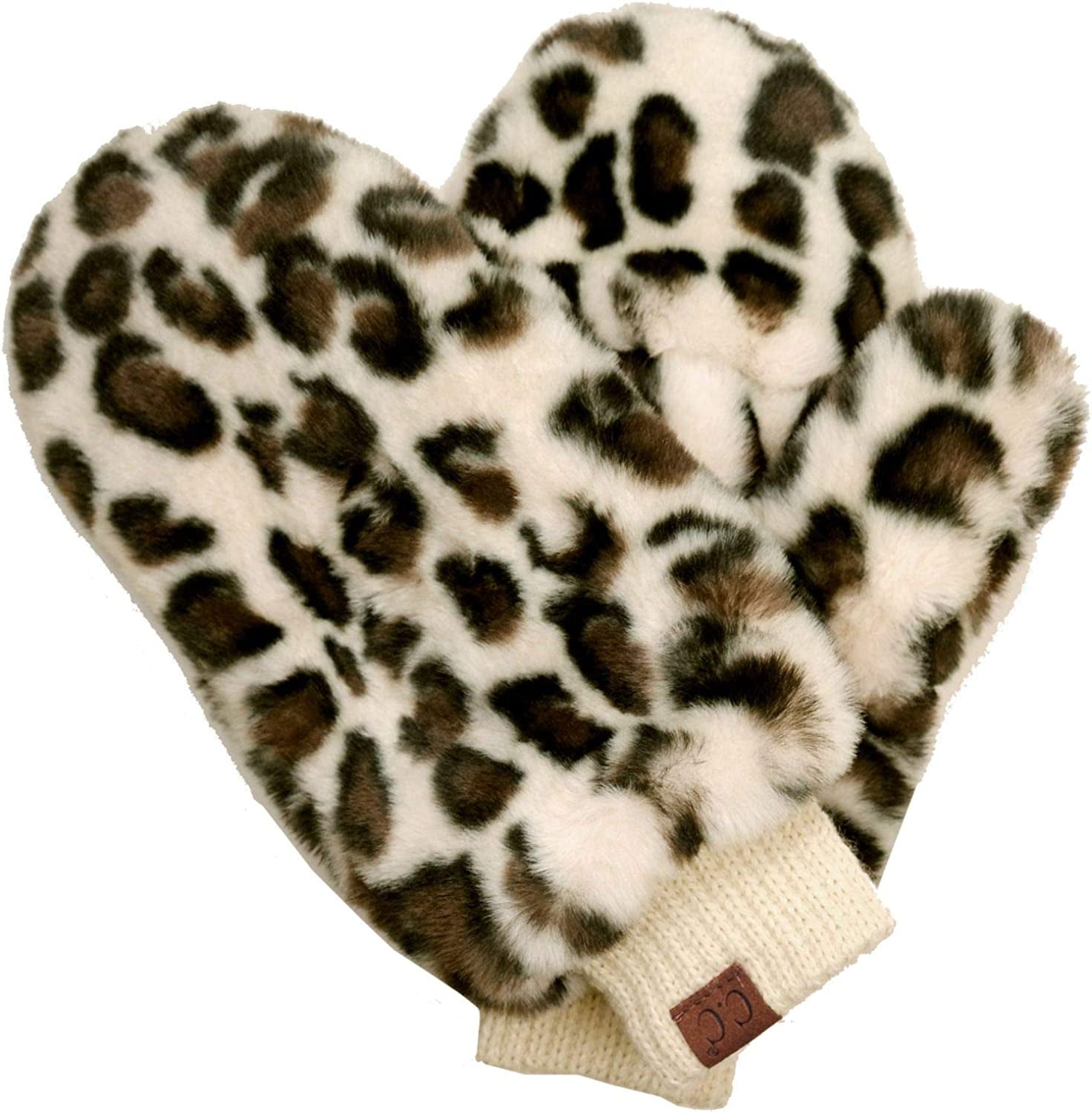 C.C Women'S Faux Fur Wrist Length Fingerless Sherpa Lined Convertible Mittens Gloves Apparel & Accessories > Clothing Accessories > Gloves & Mittens C.C Leopard Print, Beige