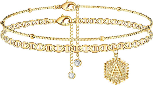 Turandoss Ankle Bracelets for Women Initial Anklet, 14K Gold Plated Handmade Layered Box Chain Flat Mariner Hexagon Anklet Letter Initial Ankle Bracelet for Women Gold Summer Beach Foot Jewelry Gifts Apparel & Accessories > Jewelry > Anklets Turandoss A