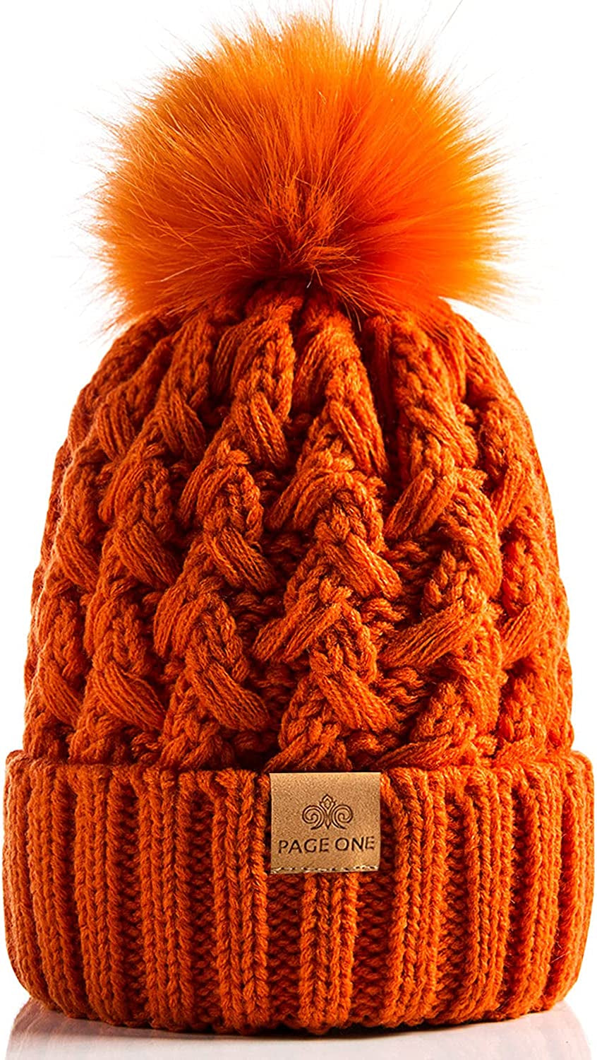 PAGE ONE Womens Winter Ribbed Beanie Crossed Cap Chunky Cable Knit Pompom Soft Warm Hat Apparel & Accessories > Clothing Accessories > Hats PAGE ONE Orange