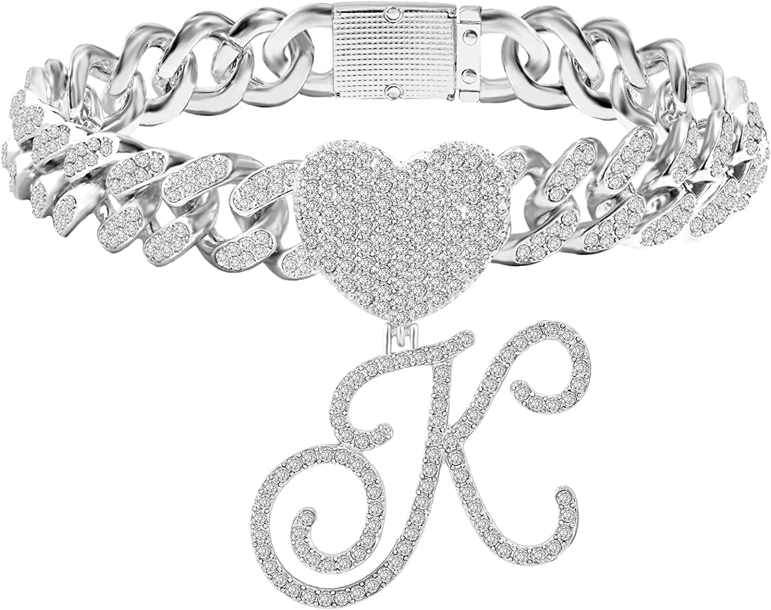 KKJTDS 13Mm Silver Cuban Link Anklets for Women Cursive Pendant Miami Cuban Link Chain Ankle Bracelets for Women Hip Hop Iced Out Letter Chain Anklet Apparel & Accessories > Jewelry > Anklets KKJTDS K