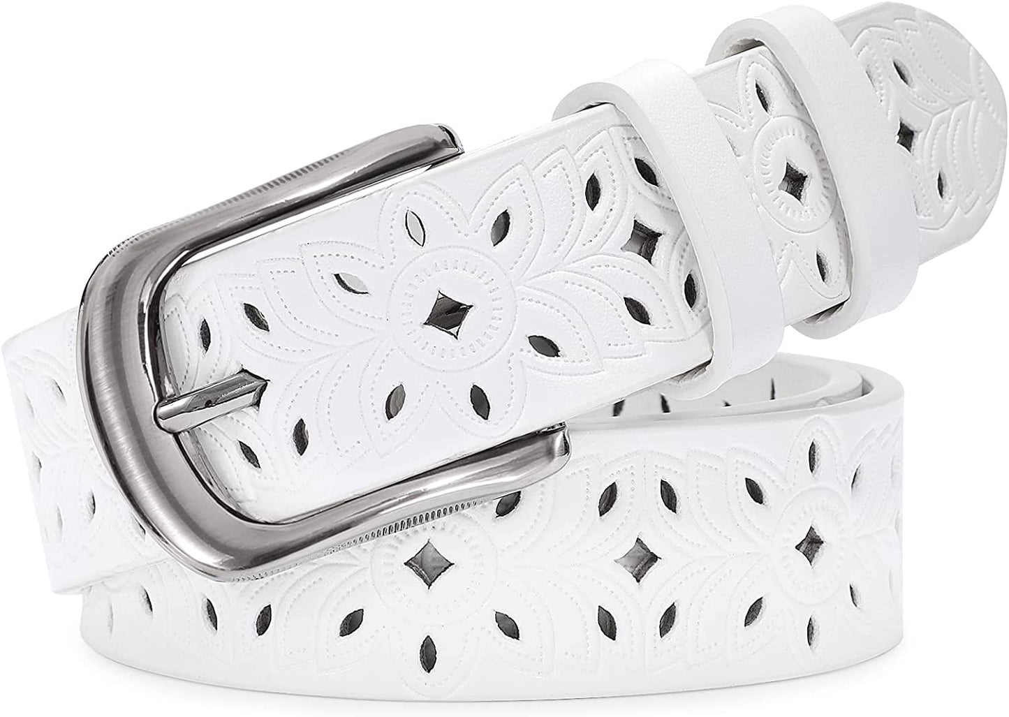 JASGOOD Hollow Leather Belt for Women, Wide Leather Belt for Jeans Pants with Pin Buckle Apparel & Accessories > Clothing Accessories > Belts KYLIE MAX C-white Fit for waist size 35"-39"