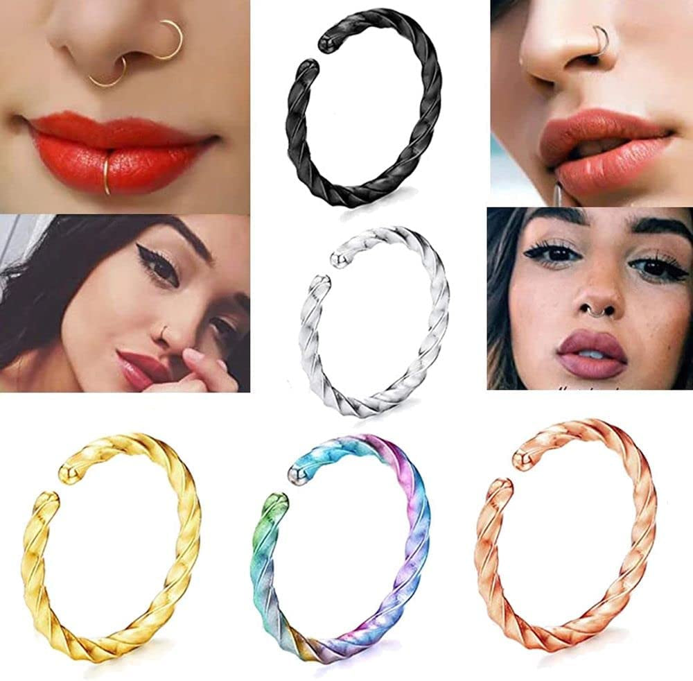 Stainless Steel Twist Nose Rings Hoop Tragus Cartilage Helix Ring Lip Septum Fake Piercing Jewelry Braided Ear Clips Body Accessories(Silver) Apparel & Accessories > Jewelry > Rings Generic