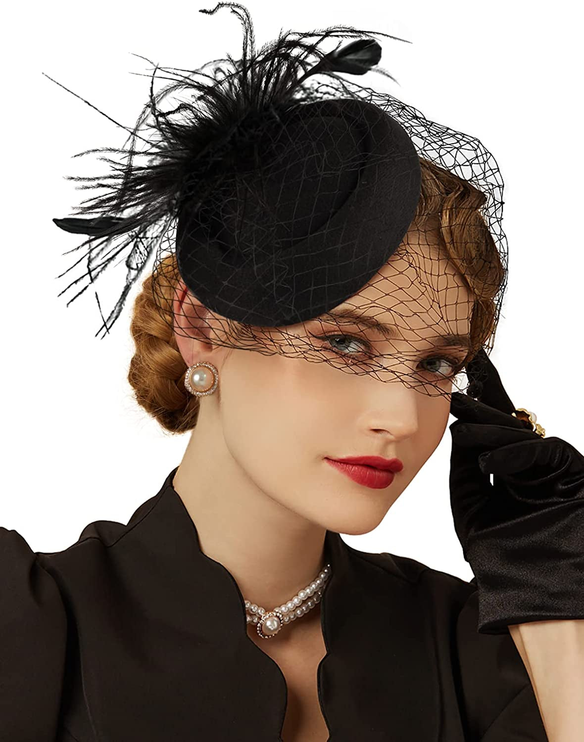 Fascinators Hats 20S 50S Hat Pillbox Hat Cocktail Tea Party Headwear with Veil for Girls and Women Apparel & Accessories > Clothing Accessories > Headwear Cizoe 1-b1-black