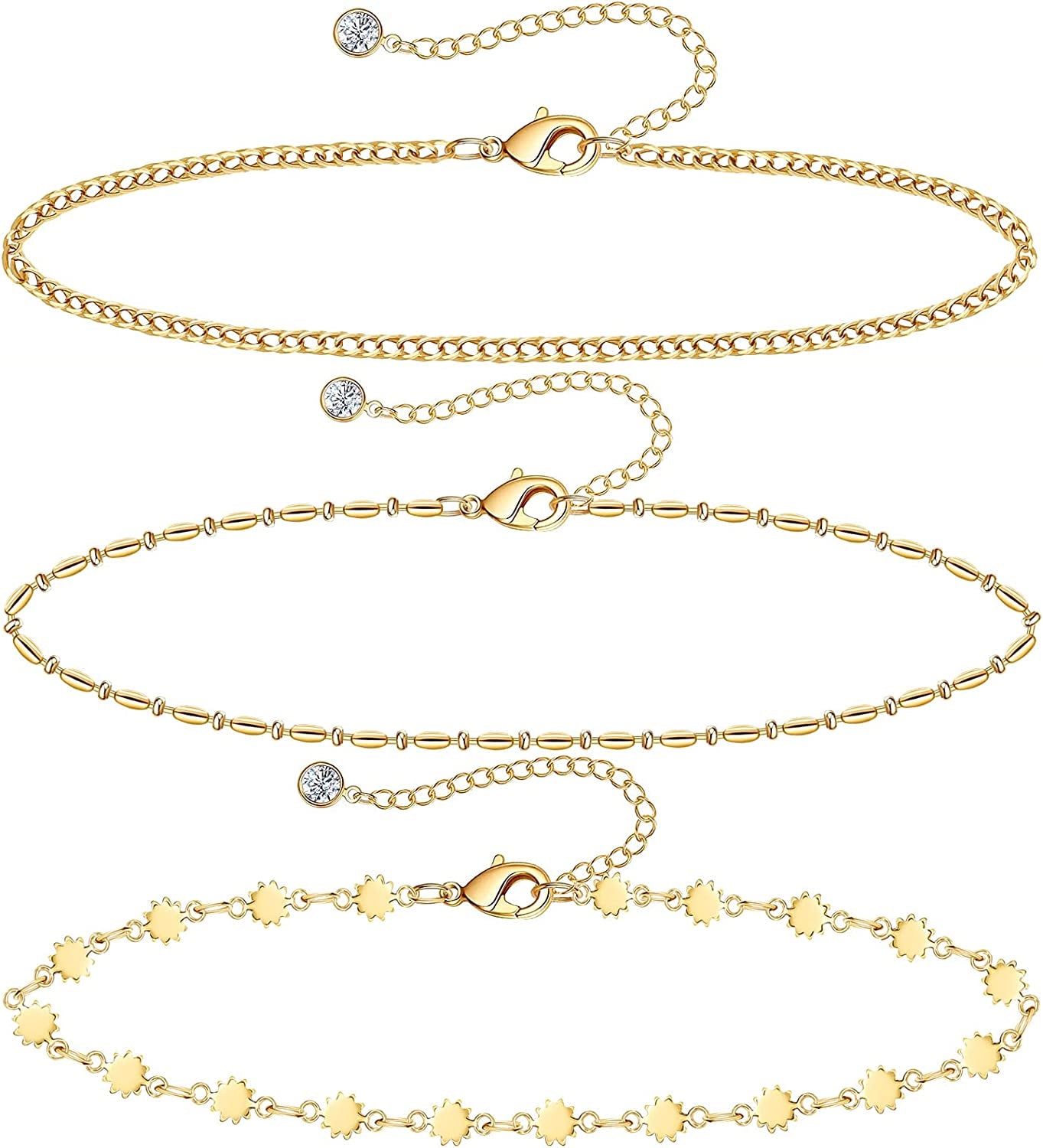 Gold Ankle Bracelets for Women 14K Gold Plated Anklet Silver Rose Gold Evil Eye Tennis Crystal Cubic Zirconia Faux Diamond Rhinestone Anklet Dainty Layered Anklet Set 3Pcs Apparel & Accessories > Jewelry > Anklets Vermeyen M-Yellow Gold-Daisy