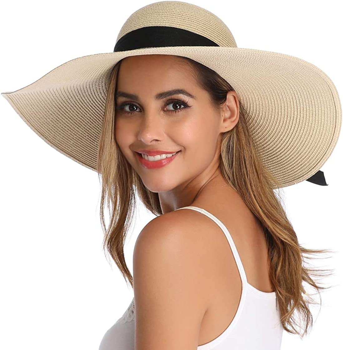 Lanzom Womens Wide Brim Straw Hat Big Floppy Foldable Roll up Cap Beach Sun Hat UPF 50+ Apparel & Accessories > Clothing Accessories > Hats Lanzom