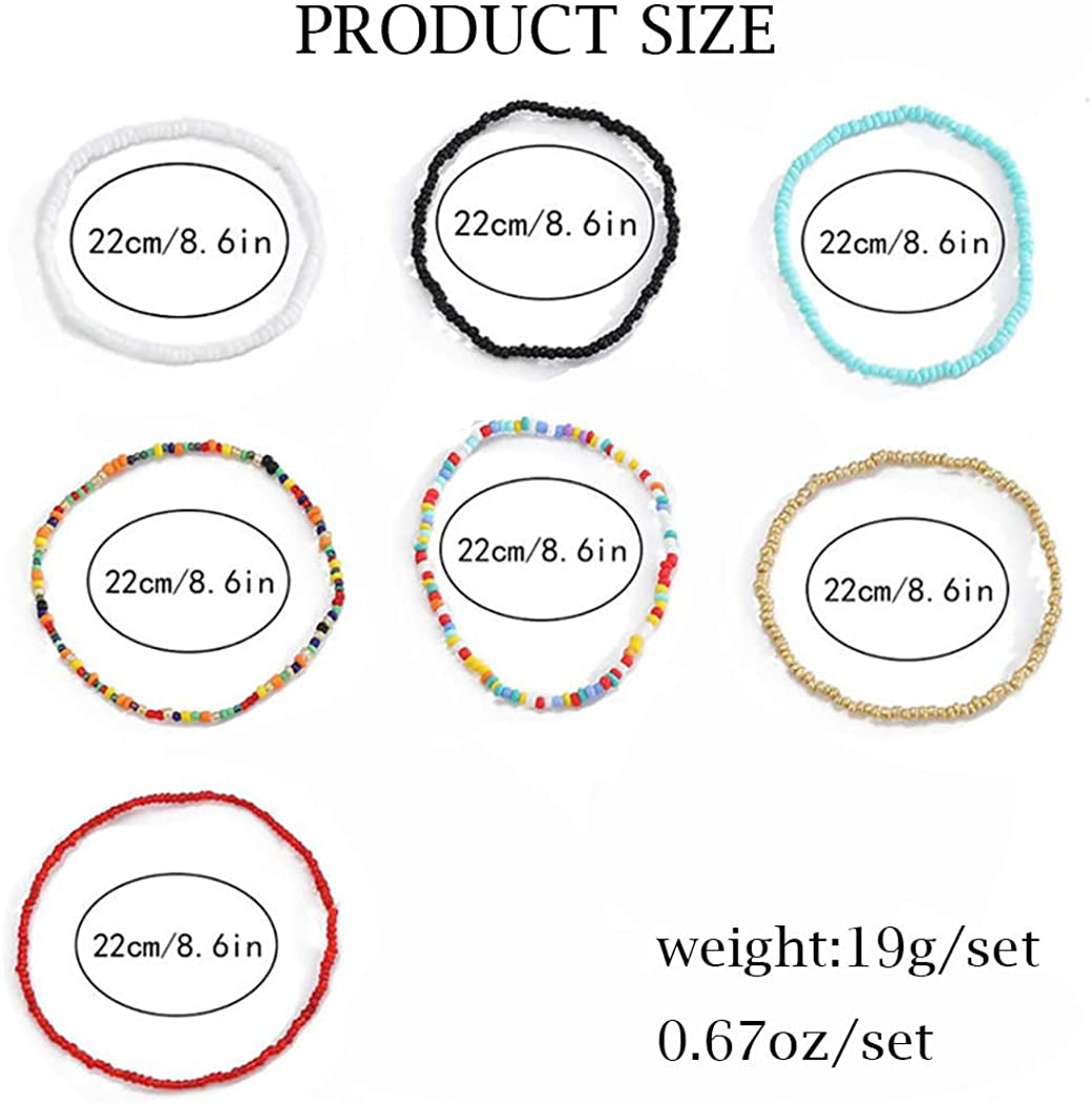Women Boho Beads Anklets Colorful Stretch Rainbow Ankle Bracelets Beaded Bracelet Elastic Foot and Hand Chain Jewelry (7PCS) Apparel & Accessories > Jewelry > Anklets VFlowee