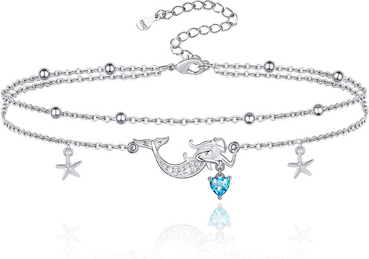 Sianilvera S925 Sterling Silver Foot Charm Jewelry Adjustable Anklet Link Bracelet Gift Double Layered Ocean Animal Anklets for Women Girls Apparel & Accessories > Jewelry > Anklets Sianilvera Mermaid Anklet