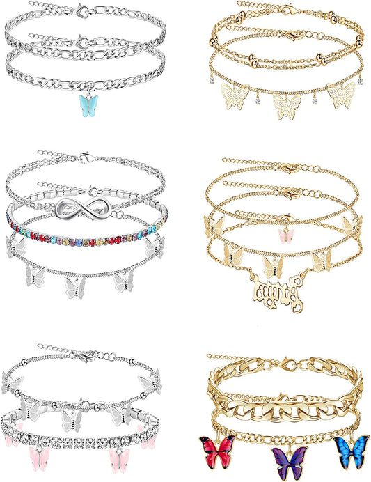 LOLIAS 14Pcs Butterfly Anklets for Women Cute Rhinestone Tennis Ankle Bracelets Boho Summer Beach Layered Chain Anklet Foot Jewelry Apparel & Accessories > Jewelry > Anklets LOLIAS
