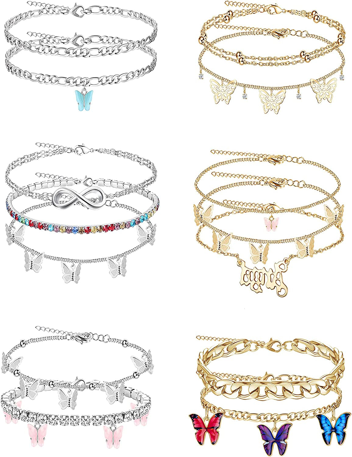 LOLIAS 14Pcs Butterfly Anklets for Women Cute Rhinestone Tennis Ankle Bracelets Boho Summer Beach Layered Chain Anklet Foot Jewelry Apparel & Accessories > Jewelry > Anklets LOLIAS