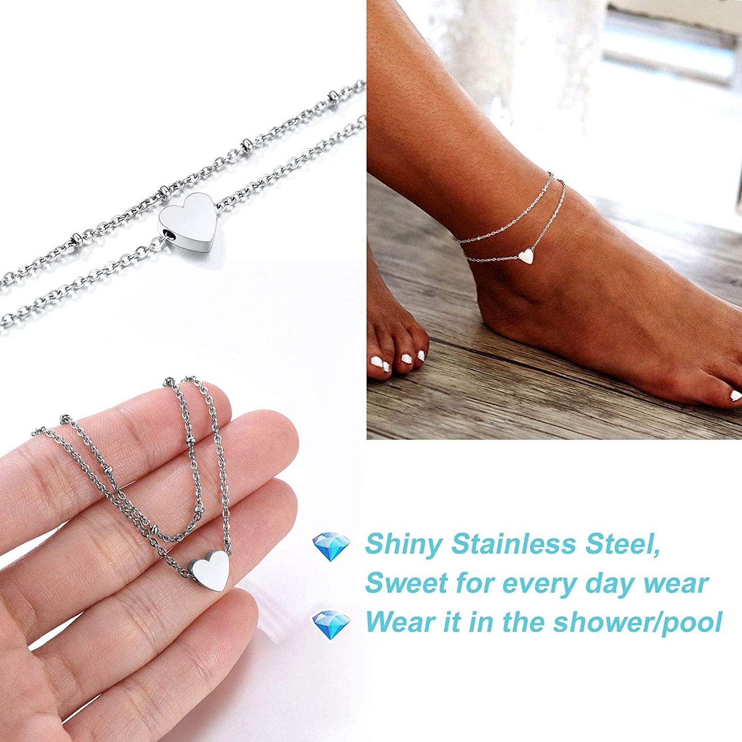 Chainspro Womens S925 Sterling Silver Adjustable Anklet, Heart/Moon/Handcuff Ankle Bracelet,Summer Foot Jewelry, Stainless Steel/Gold Plated(Send Gift Box) Apparel & Accessories > Jewelry > Anklets ChainsPro