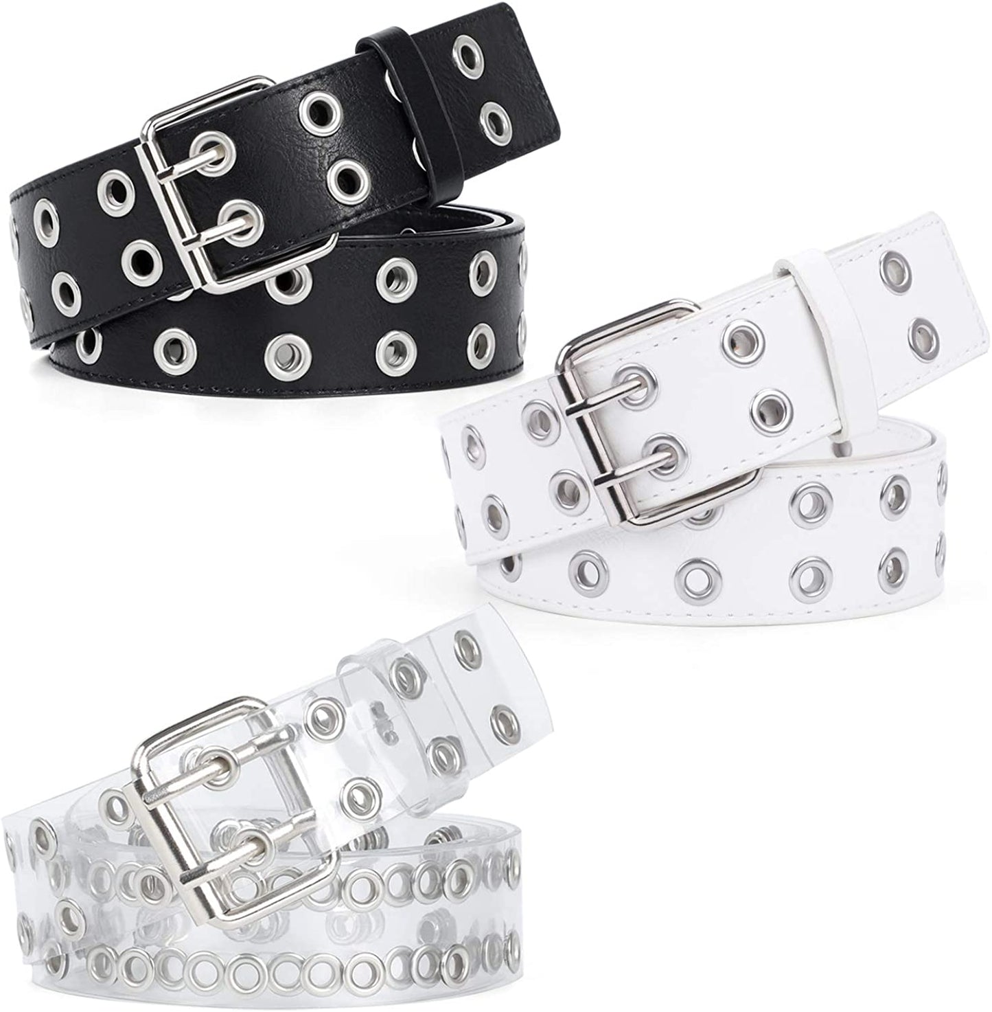 WERFORU 2 Pack Double Grommet Belt PU Leather Punk Belt for Women Jeans Apparel & Accessories > Clothing Accessories > Belts WERFORU C-black+sliver+white suit for pant below 35"