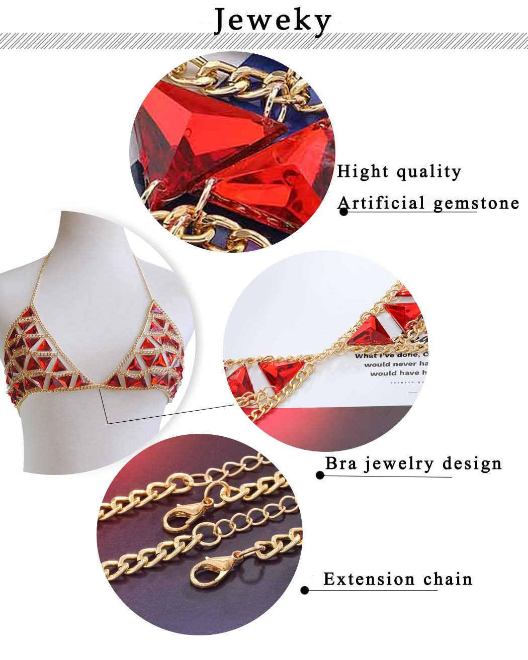 Jeweky Boho Gemstone Body Chain Red Triangle Bra Jewelry Sexy Beach Bikini Body Jewelry for Women and Girls Apparel & Accessories > Jewelry > Body Jewelry Artist Unknown