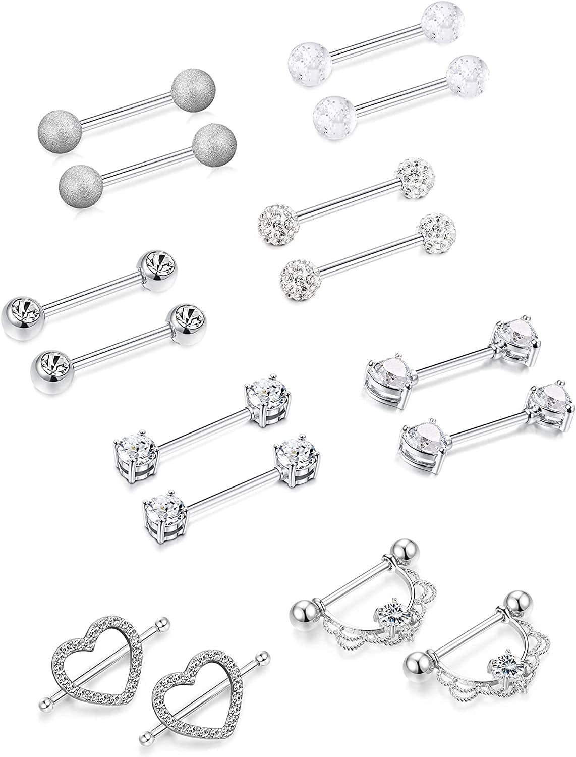 FINREZIO 6-8 Pairs 14G Nipple Rings 316L Surgical Steel Heart CZ Tongue Barbell Body Piercing Shield Ring Set 5/8 Inches Apparel & Accessories > Jewelry > Body Jewelry FINREZIO