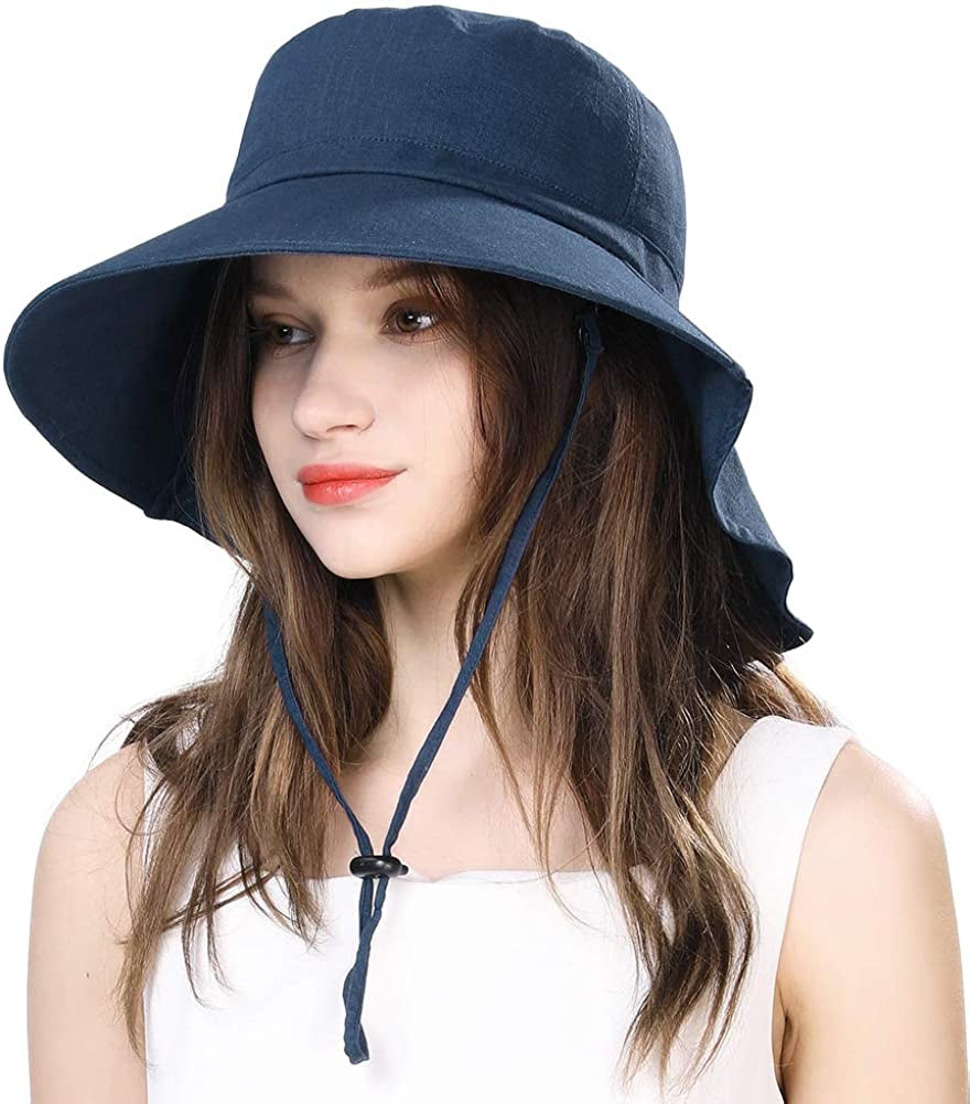 Comhats Womens Summer Flap Cover Cap Cotton UPF 50+ Sun Shade Hat with Neck Cord Apparel & Accessories > Clothing Accessories > Hats Comhats 1005_navy Large