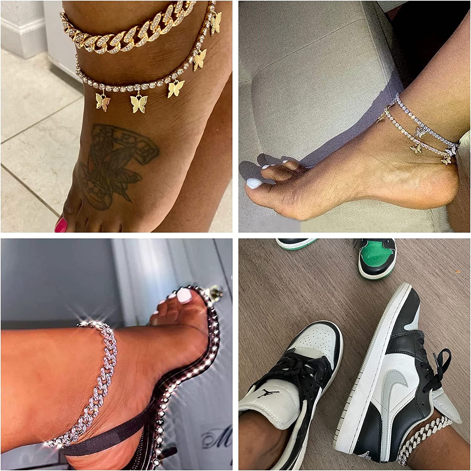 FINREZIO 3PCS Butterfly Anklet Bracelet for Women Summer Beach Cute Foot Jewelry Cuban Link Rhinestone Crystal Tennis Anklets Set Adjustable Apparel & Accessories > Jewelry > Anklets FINREZIO